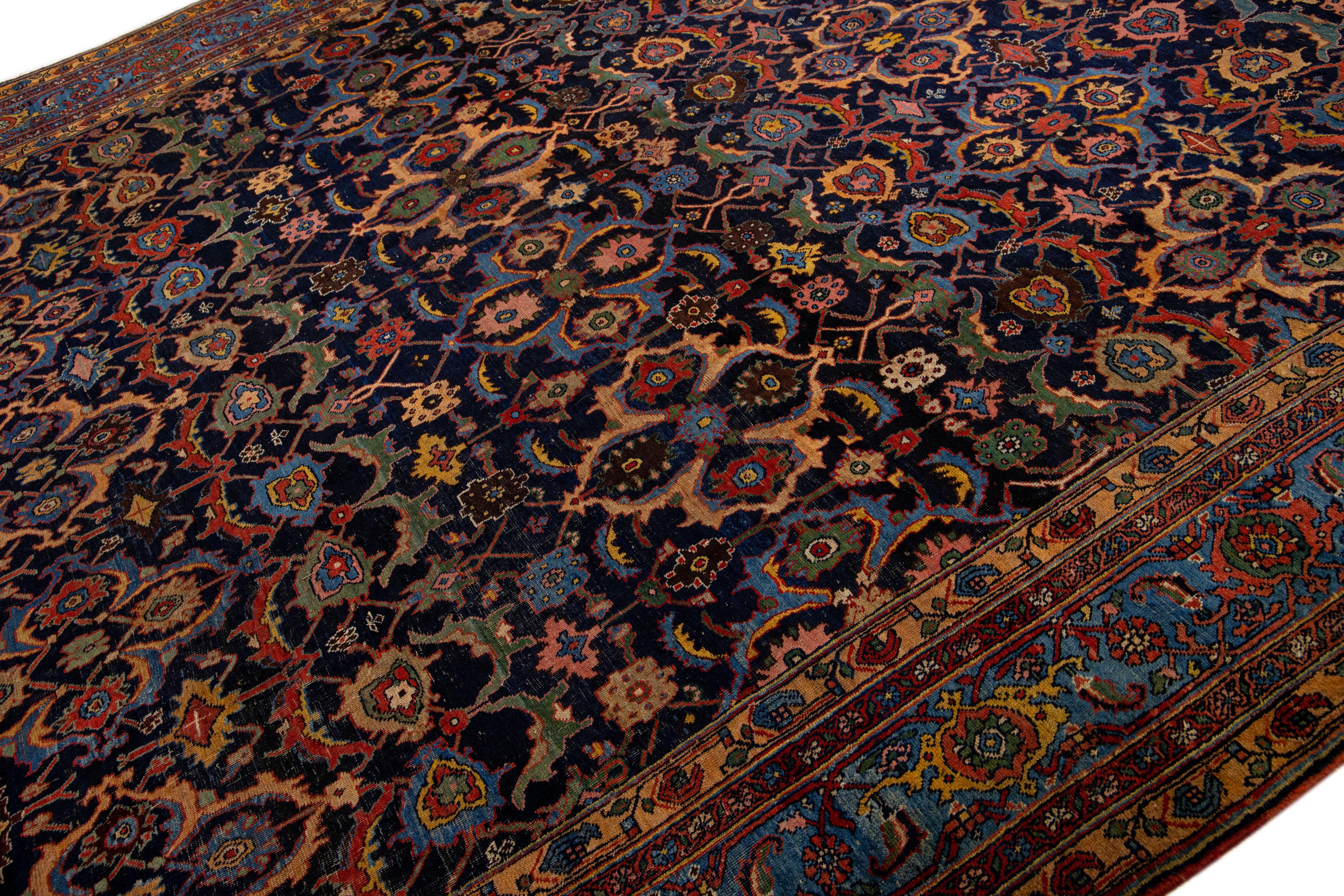 Islamic  Oversize Antique Bidjar Handmade Wool Rug in Dark Blue with Allover Design For Sale