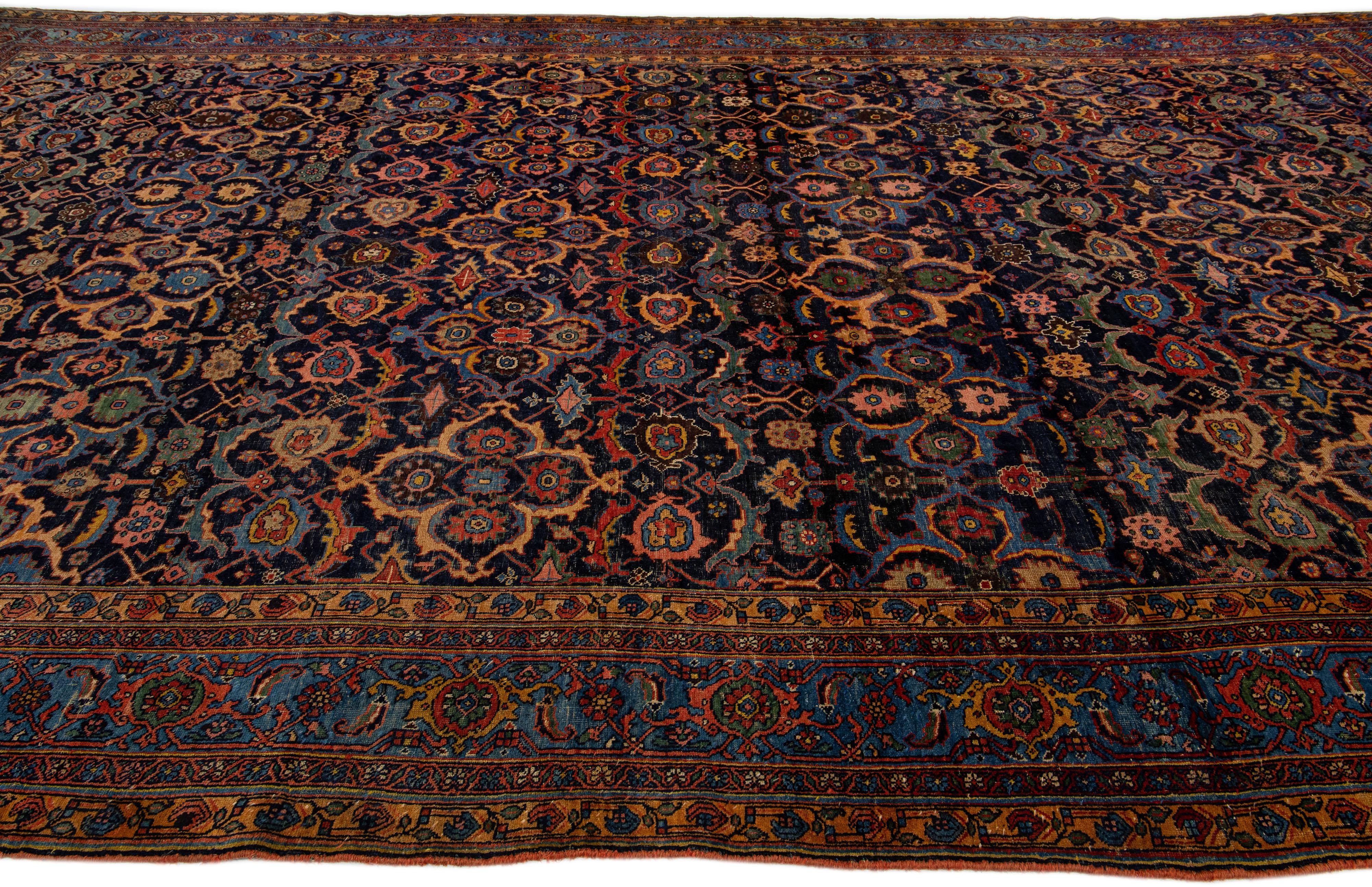 Persian  Oversize Antique Bidjar Handmade Wool Rug in Dark Blue with Allover Design For Sale