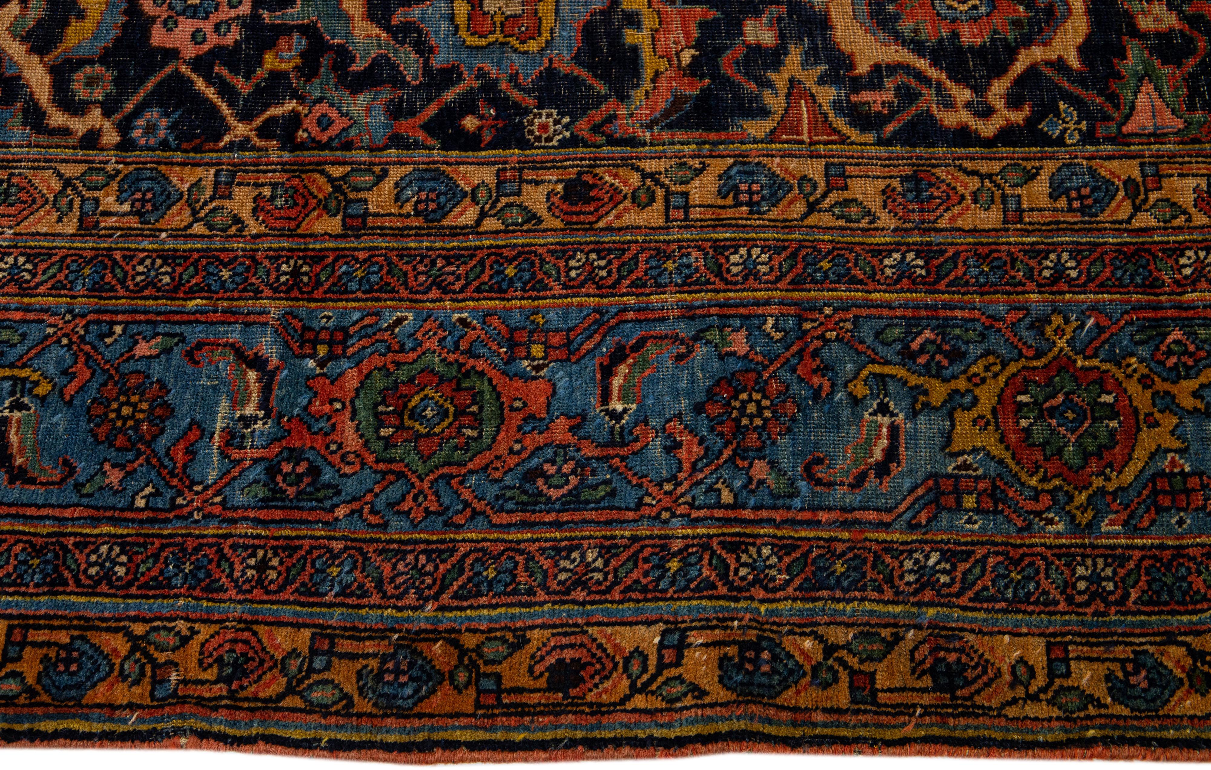  Oversize Antique Bidjar Handmade Wool Rug in Dark Blue with Allover Design In Good Condition For Sale In Norwalk, CT
