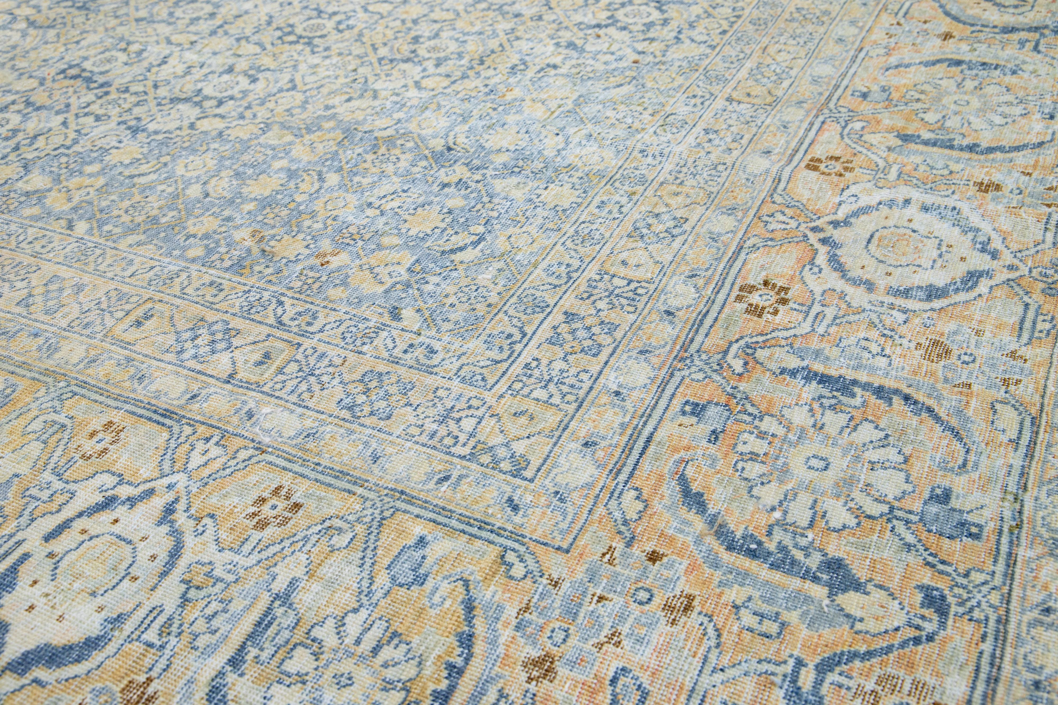 Hand-Knotted Oversize Antique Blue Persian Tabriz Wool Rug With Allover Floral Motif For Sale