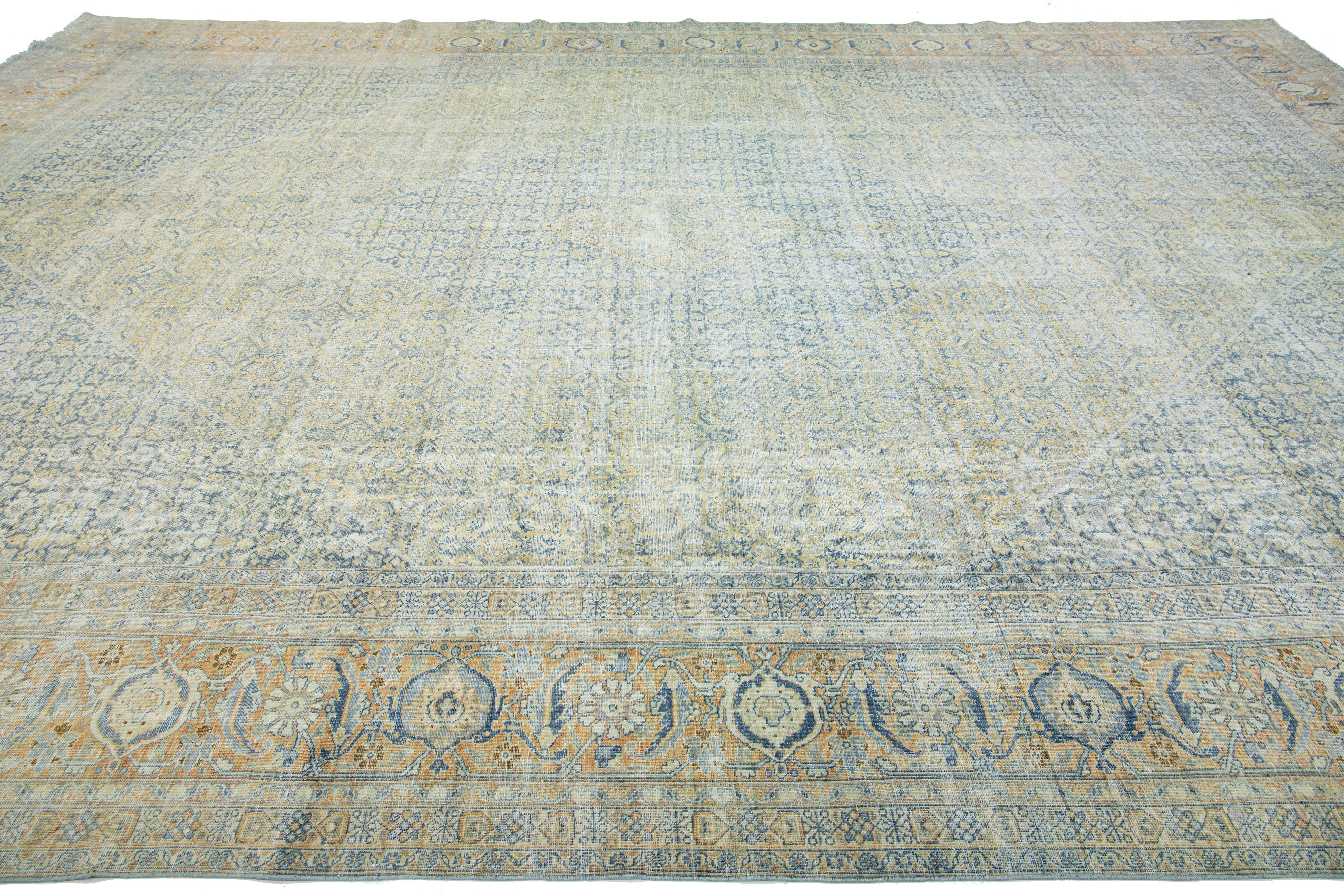 20th Century Oversize Antique Blue Persian Tabriz Wool Rug With Allover Floral Motif For Sale