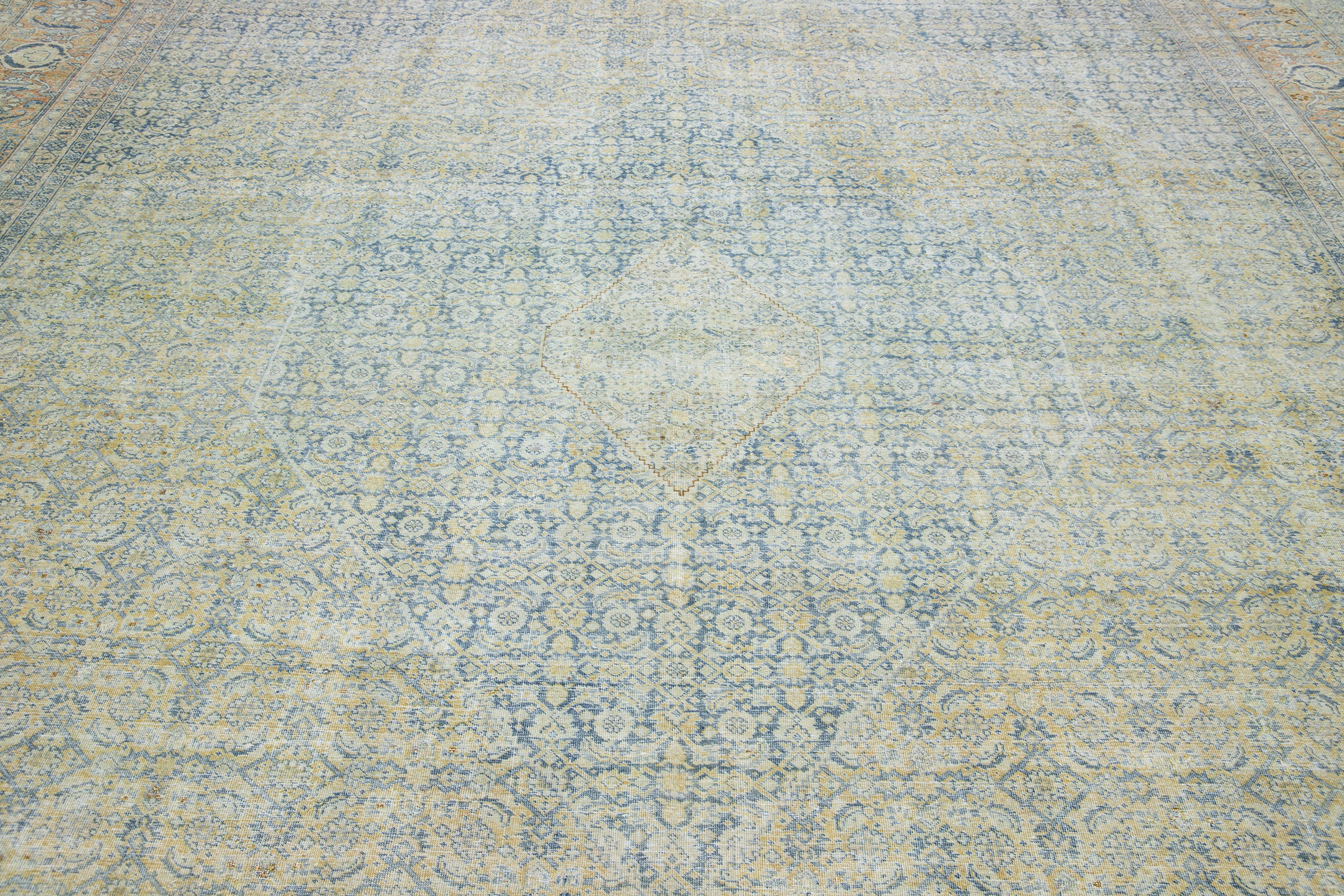 Oversize Antique Blue Persian Tabriz Wool Rug With Allover Floral Motif For Sale 2