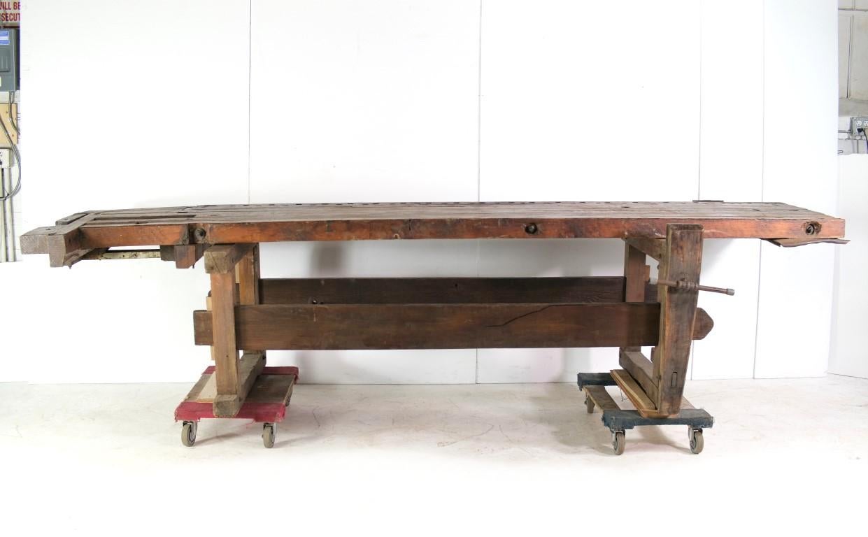 Oversize Antique Carpenters Workbench with 3 Vises 8