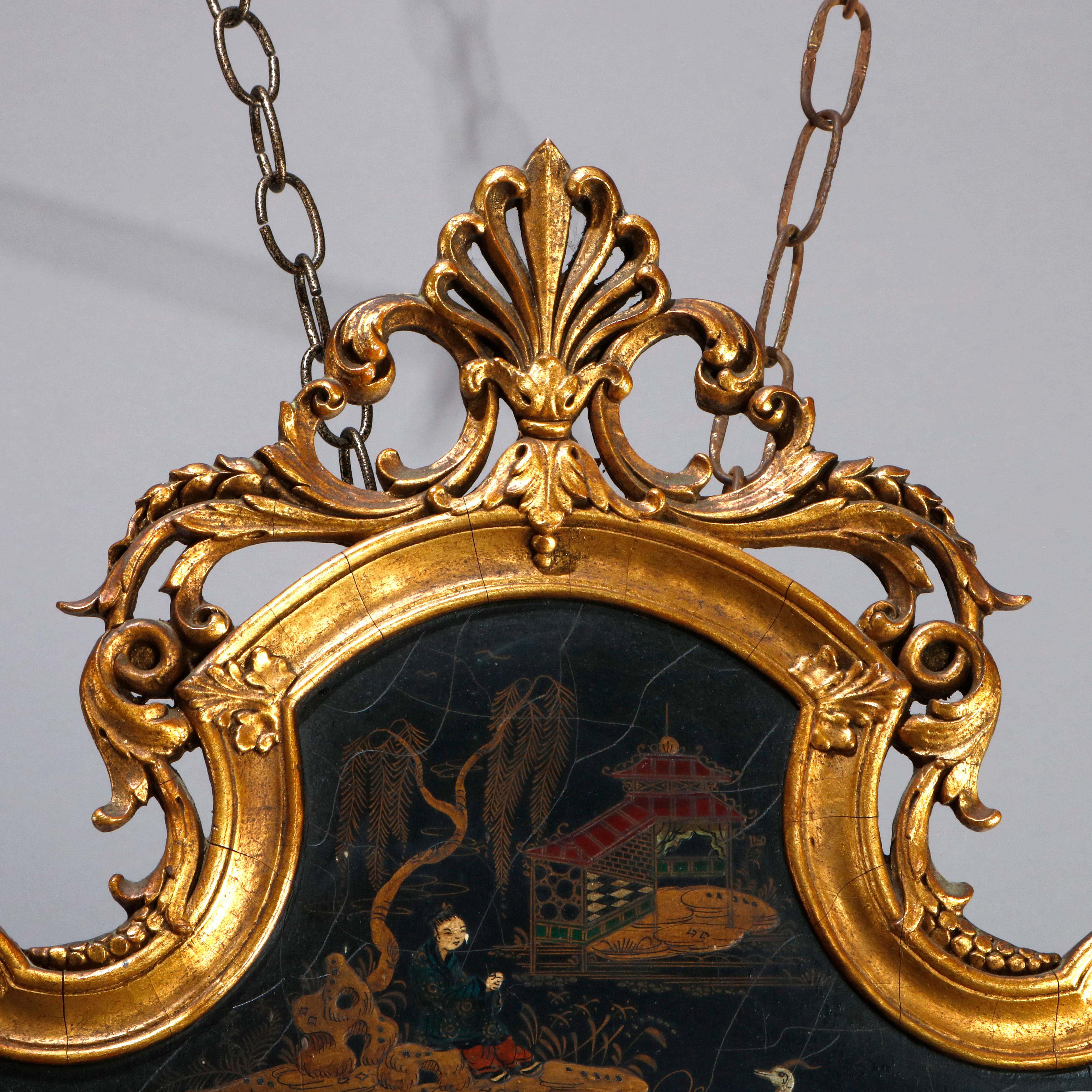 Ebonized Oversize Antique English Georgian Style Chinoiserie & Giltwood Wall Mirror