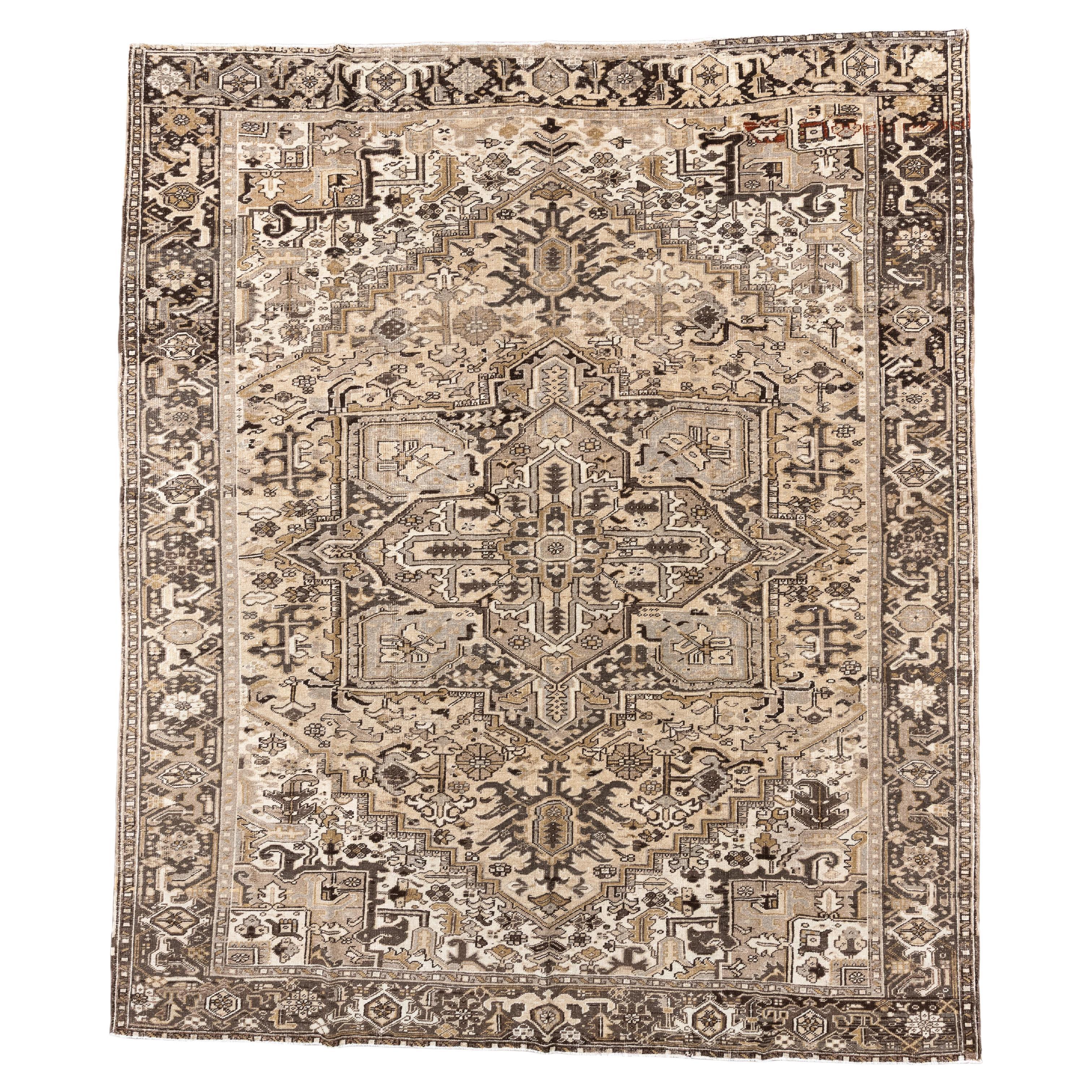 Oversize Antique Heriz Rug in Neutral Tones For Sale