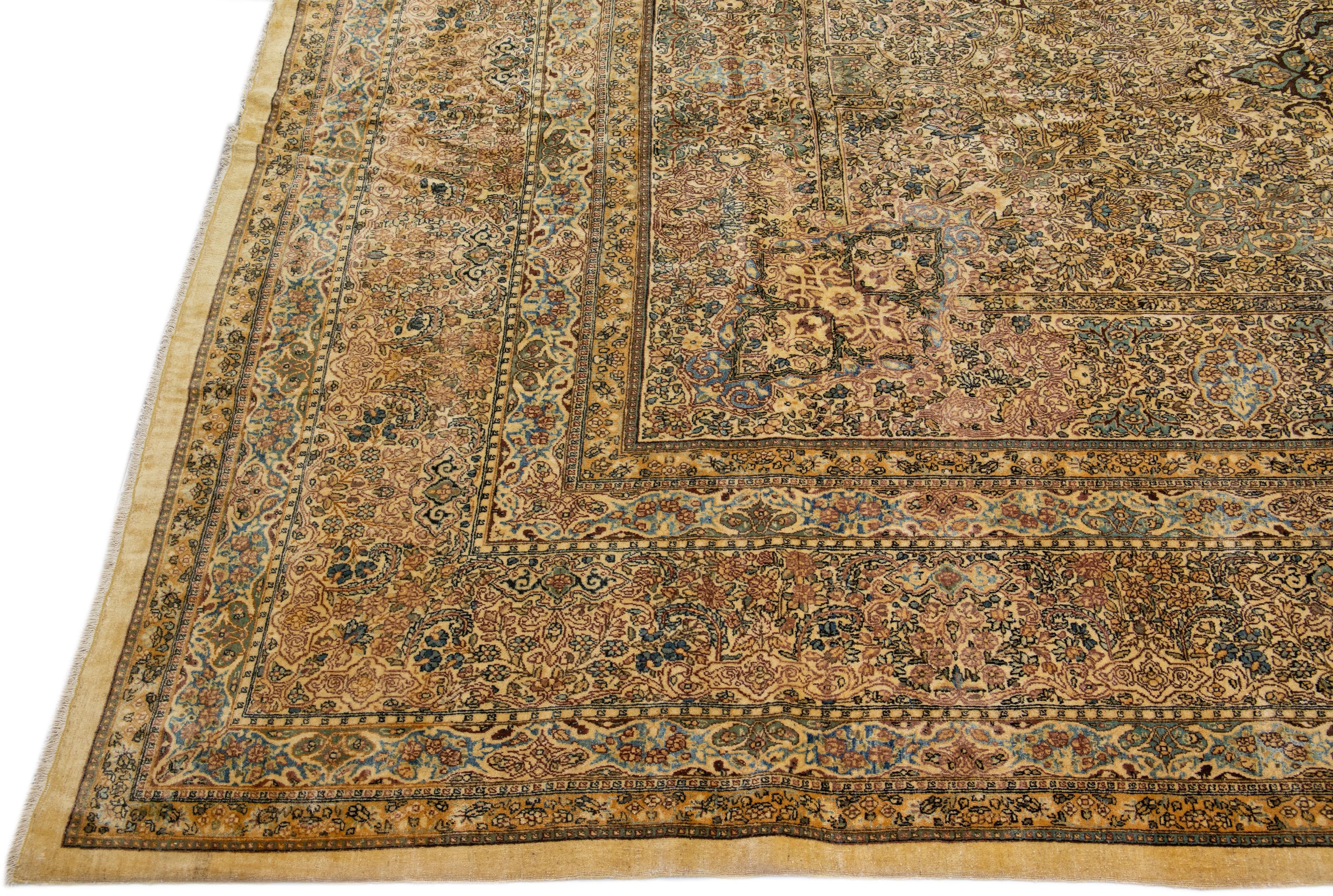 Hand-Knotted Oversize Antique Kerman Handmade Beige Persian Wool Rug with Allover Pattern For Sale