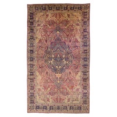 Sobredimensionada Alfombra Persa Antigua Kerman Medallón Hecho a Mano Lana Beige y Rosa