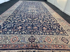 Alfombra Grande Savonnerie Española Floral Antigua Azul Marino 11 x 24,8 pies
