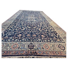 Alfombra Grande Savonnerie Española Floral Antigua Azul Marino 11 x 24,8 pies