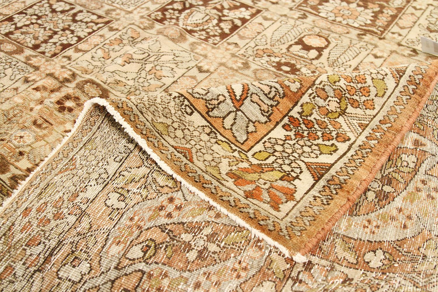 Hand-Woven Oversize Antique Persian Bakhtiar Rug with Brown and White Botanical Details For Sale