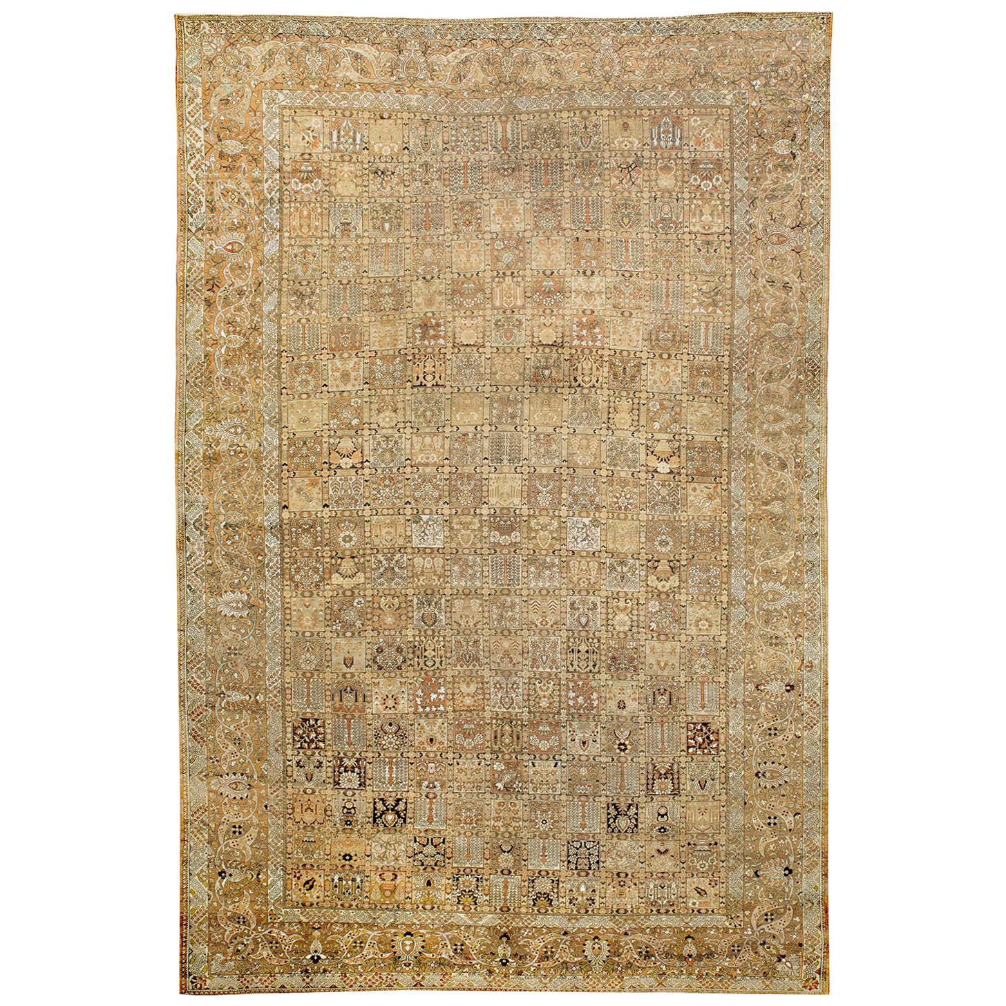 Oversize Antique Persian Bakhtiar Rug with Brown and White Botanical Details