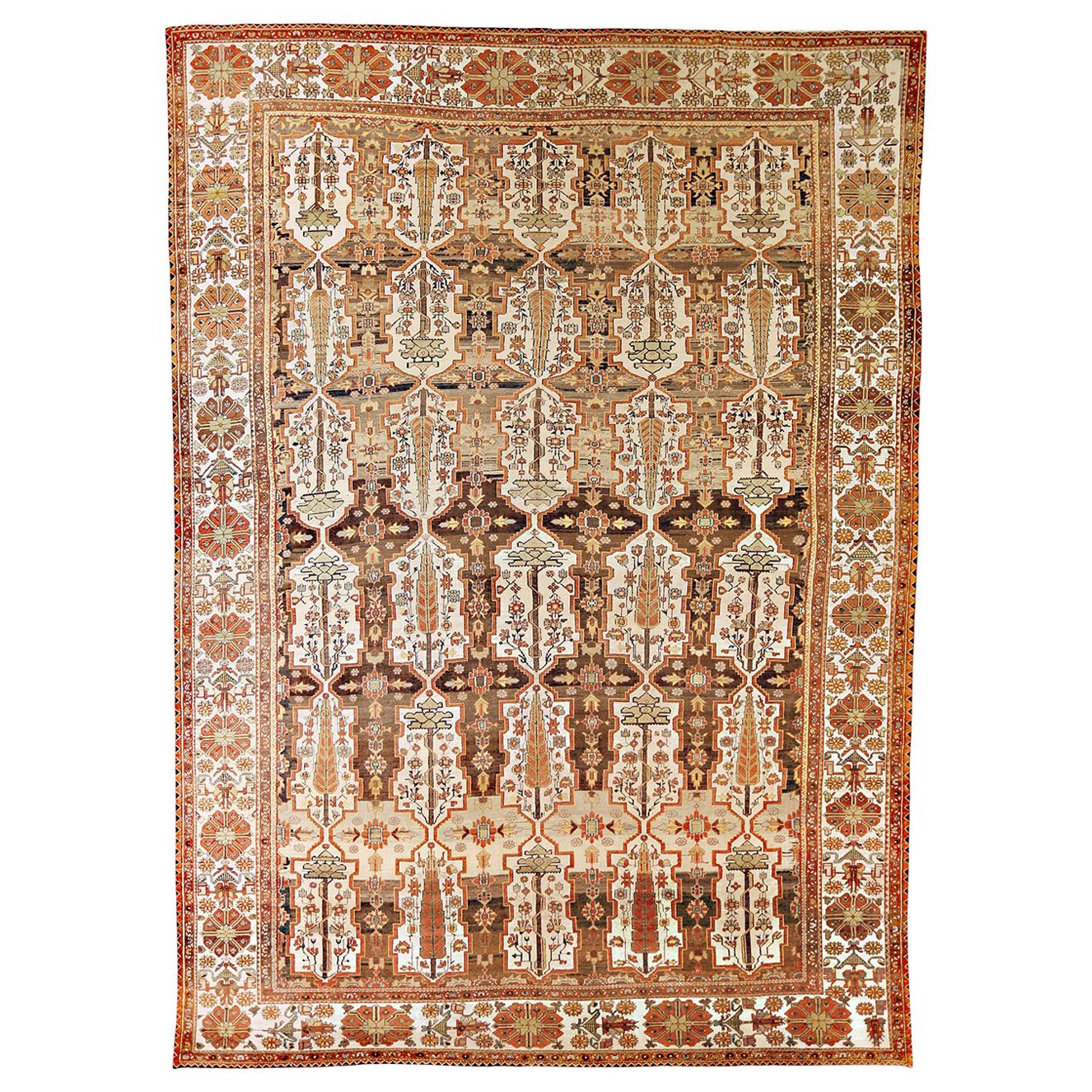 Oversize Antique Persian Bakhtiar Rug with Tribal Details on Ivory & White Field