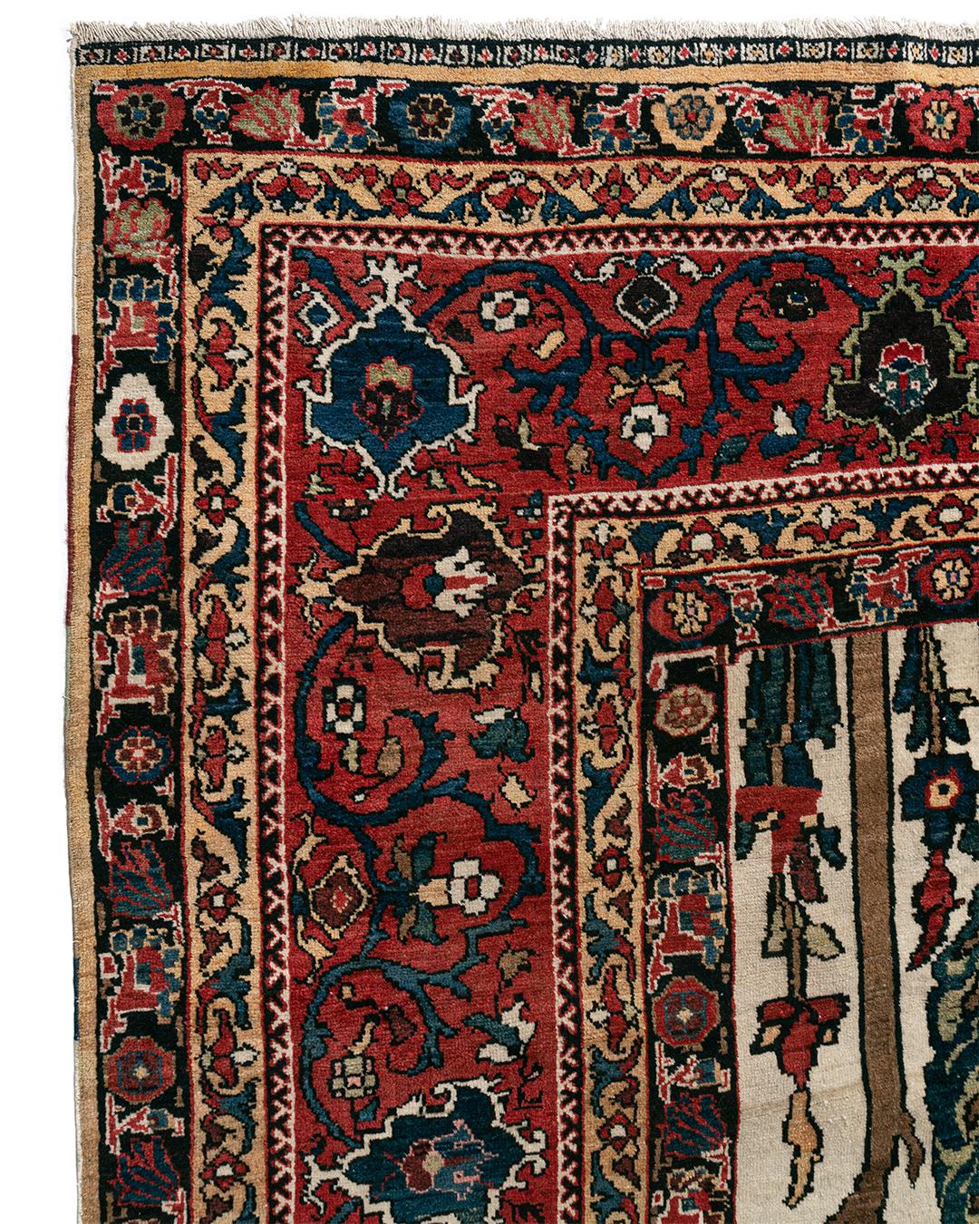 Oversize antique Persian Baktiari rug, circa 1890. Measures: 12' x 18'10. Feeling like a VIP? Like a person of importance? Maybe this mansion-size antique Persian carpet with a white field and an inscription indicating it was woven in the early 20th
