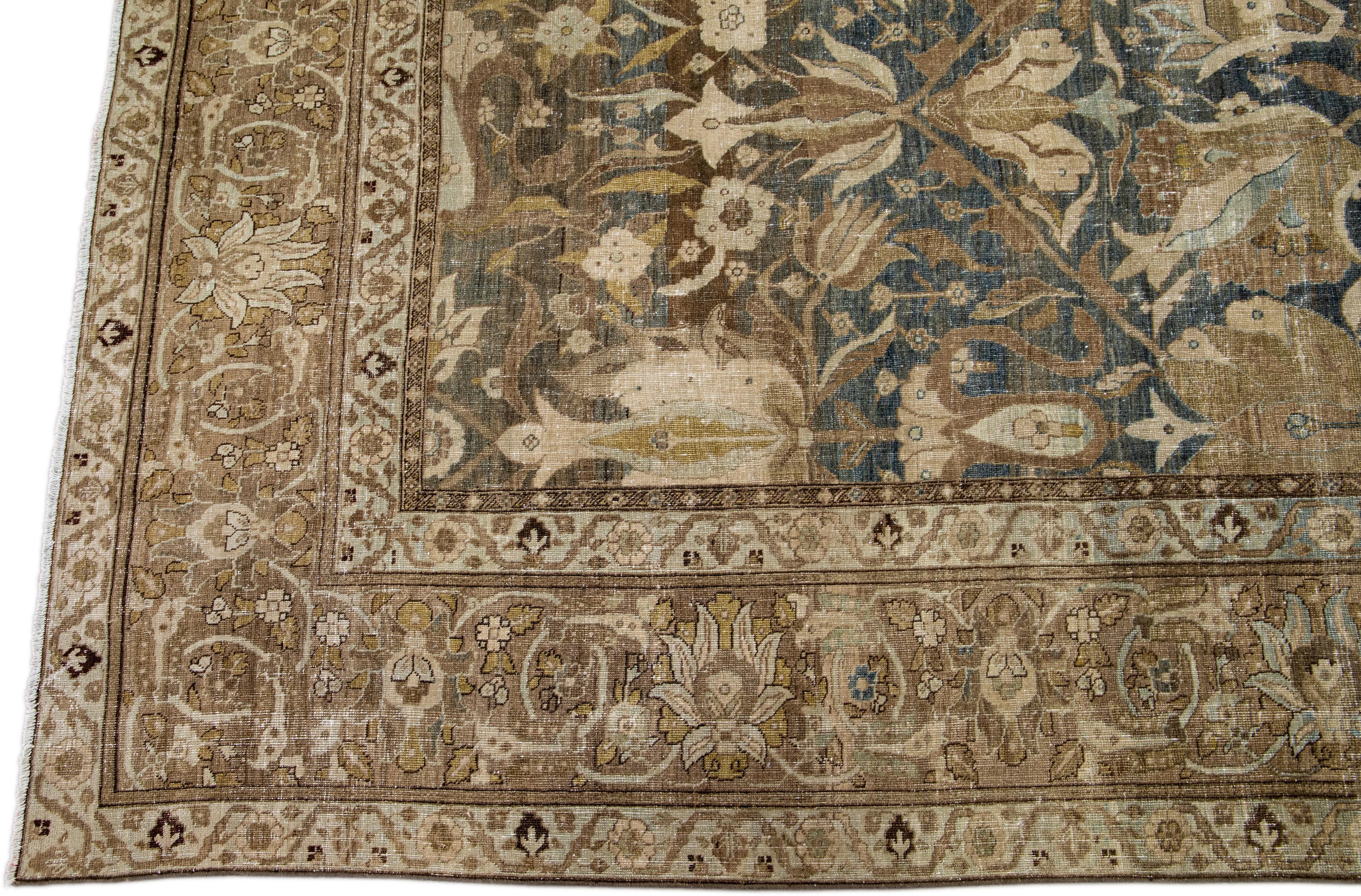 Hand-Knotted Oversize Antique Persian Heriz Handmade Floral Blue and Brown Wool Rug For Sale