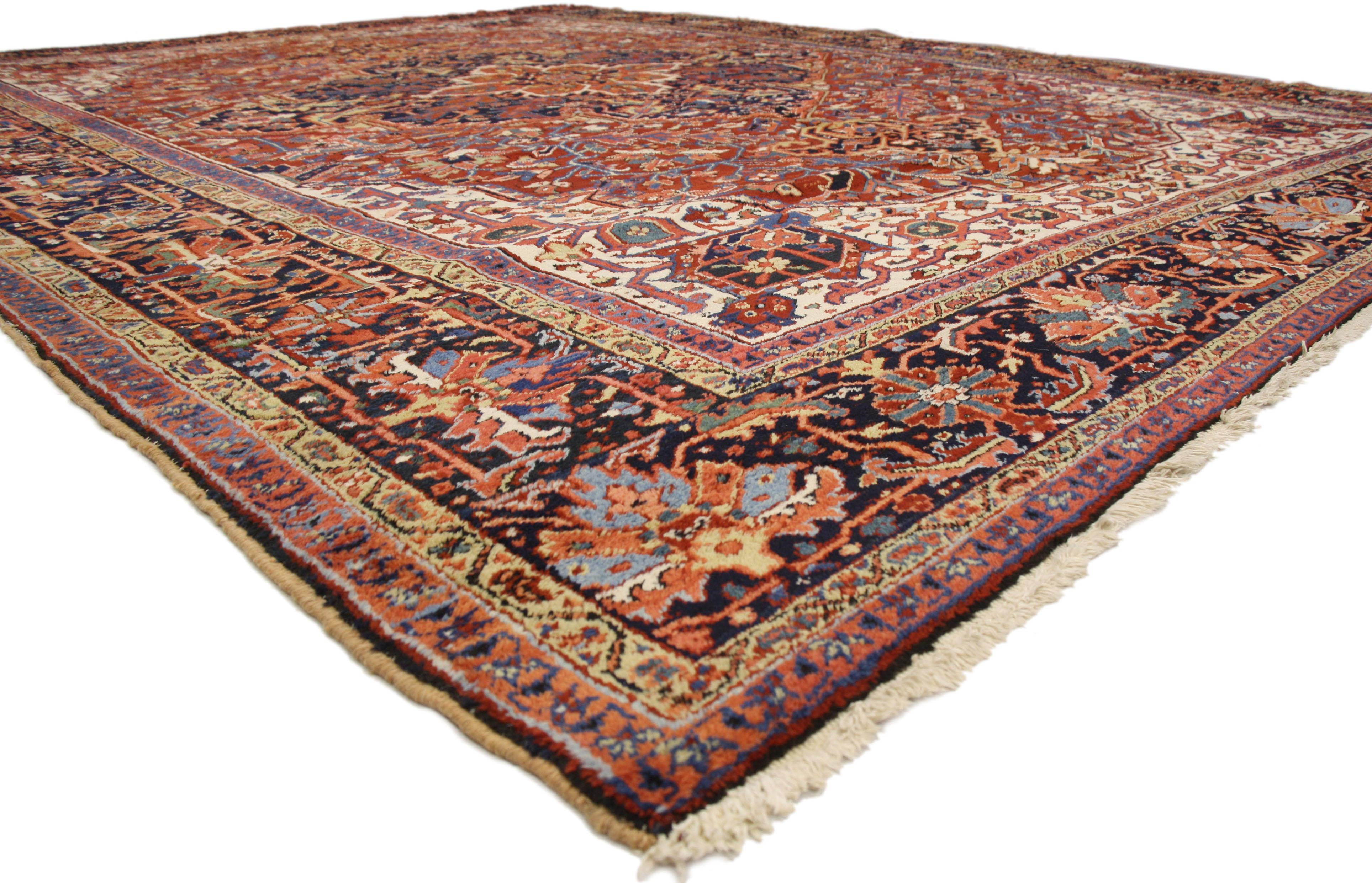 74680 Antique Persian Heriz Palace Rug with Federal and American Colonial Style. Traditional and regal with brilliant color, this antique Persian Heriz area rug with American Colonial and Federal style is comprised of a prominent octagram medallion