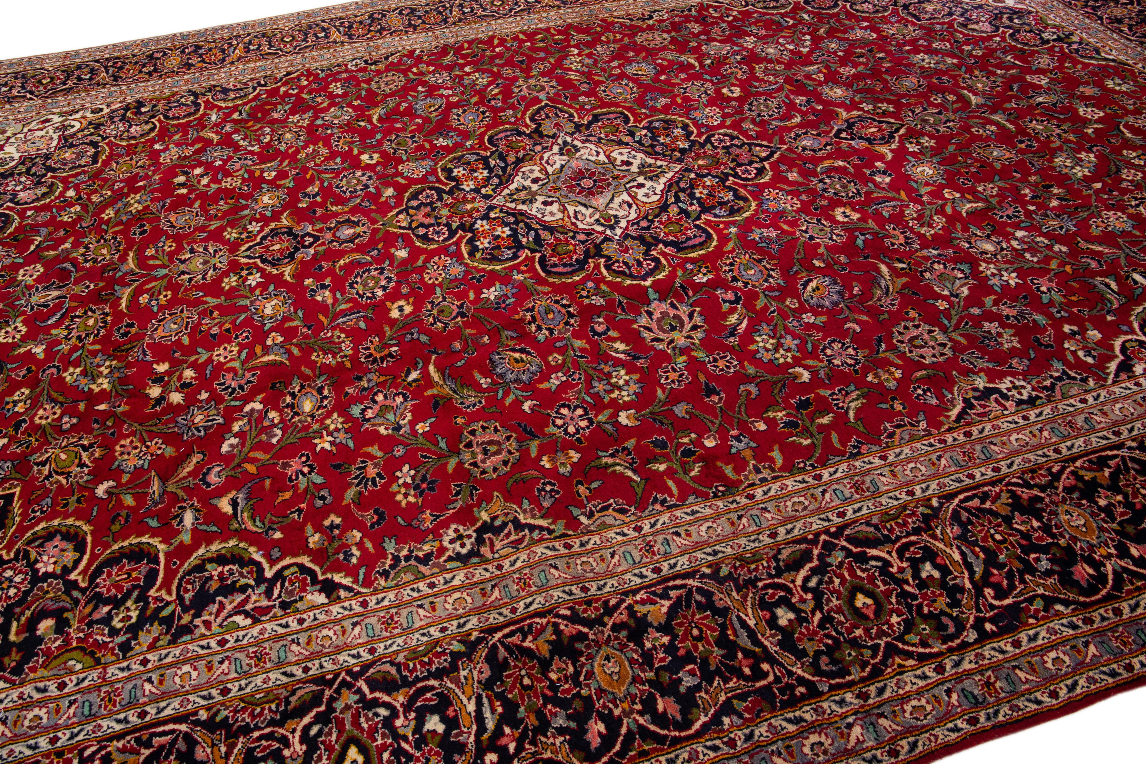 Hand-Knotted Oversize Antique Persian Kashan Handmade Medallion Wool Rug in Red For Sale