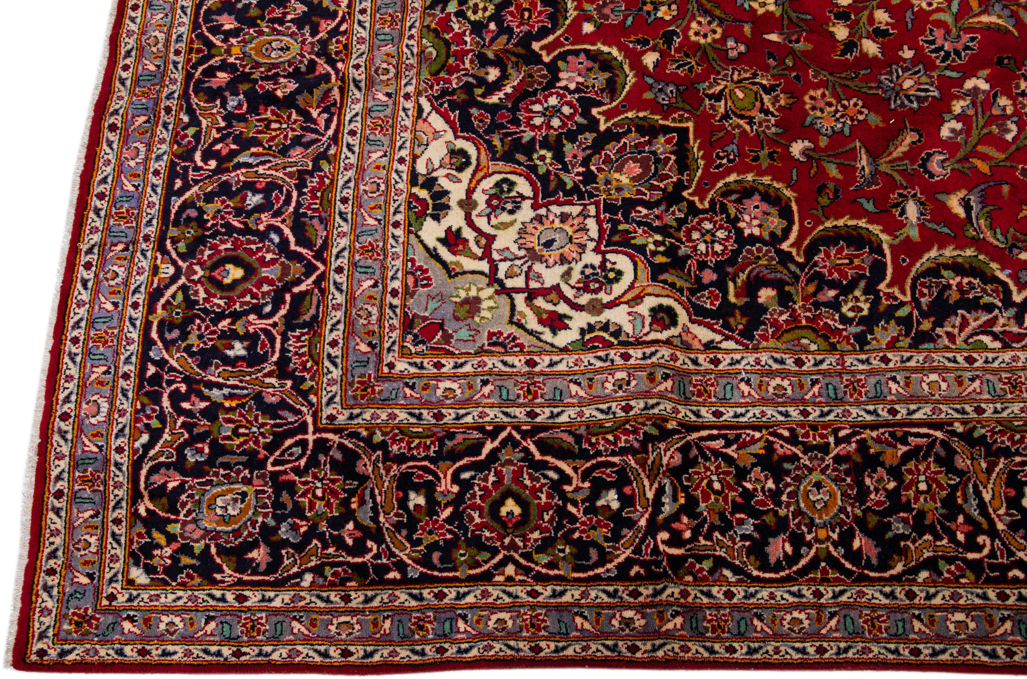 20th Century Oversize Antique Persian Kashan Handmade Medallion Wool Rug in Red For Sale