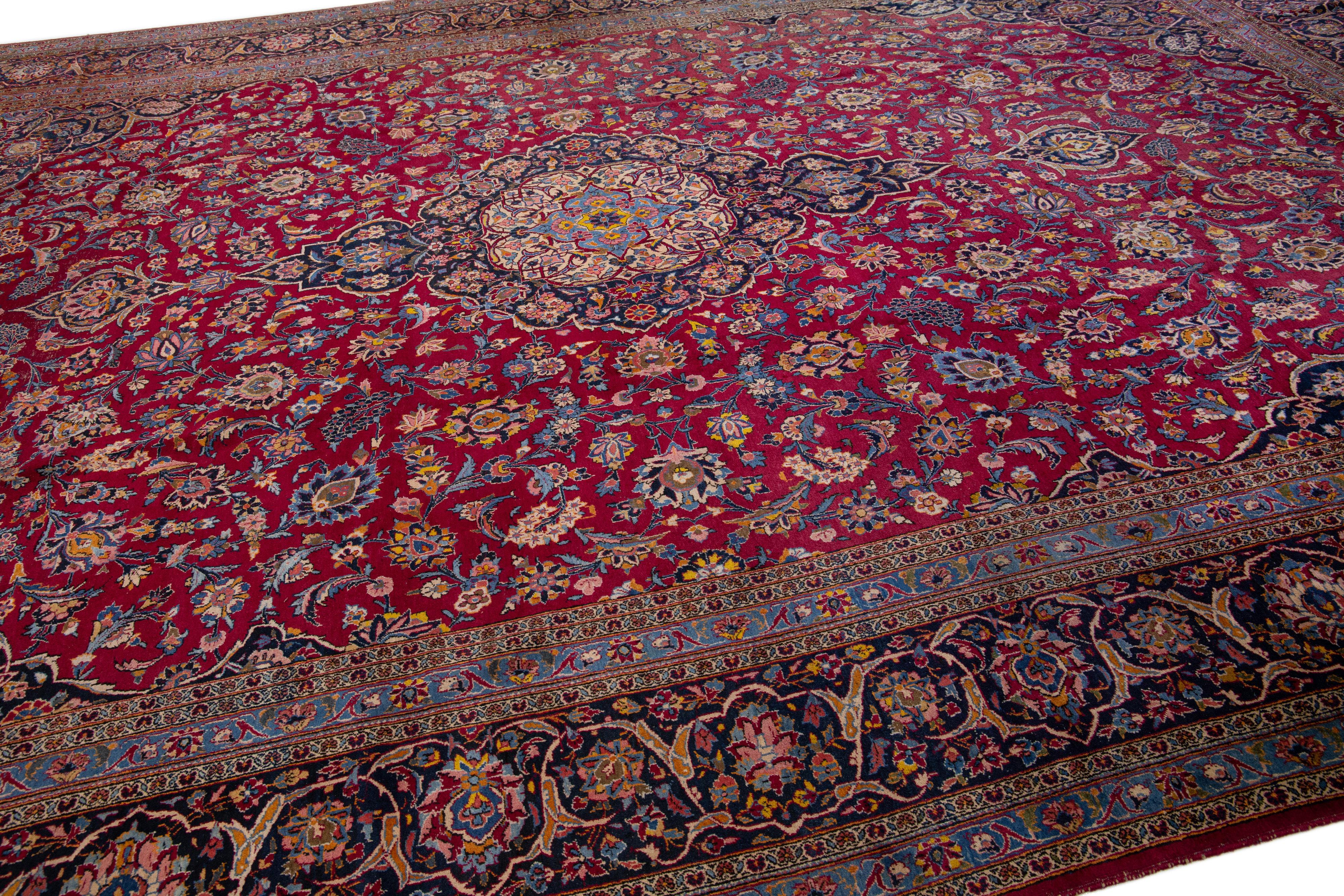 Hand-Knotted Oversize Antique Persian Kashan Red Wool Rug with Medallion Motif For Sale