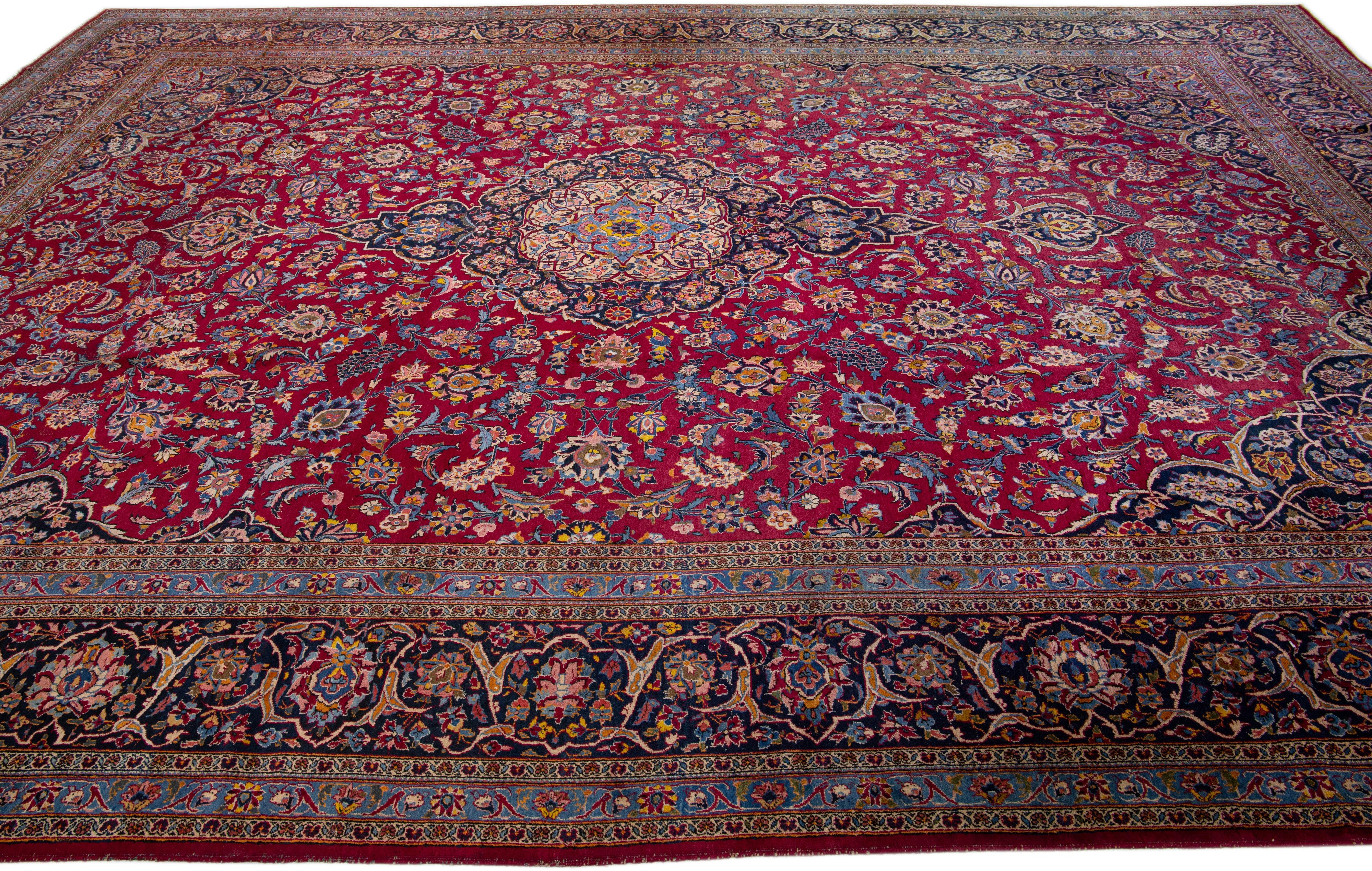 20th Century Oversize Antique Persian Kashan Red Wool Rug with Medallion Motif For Sale