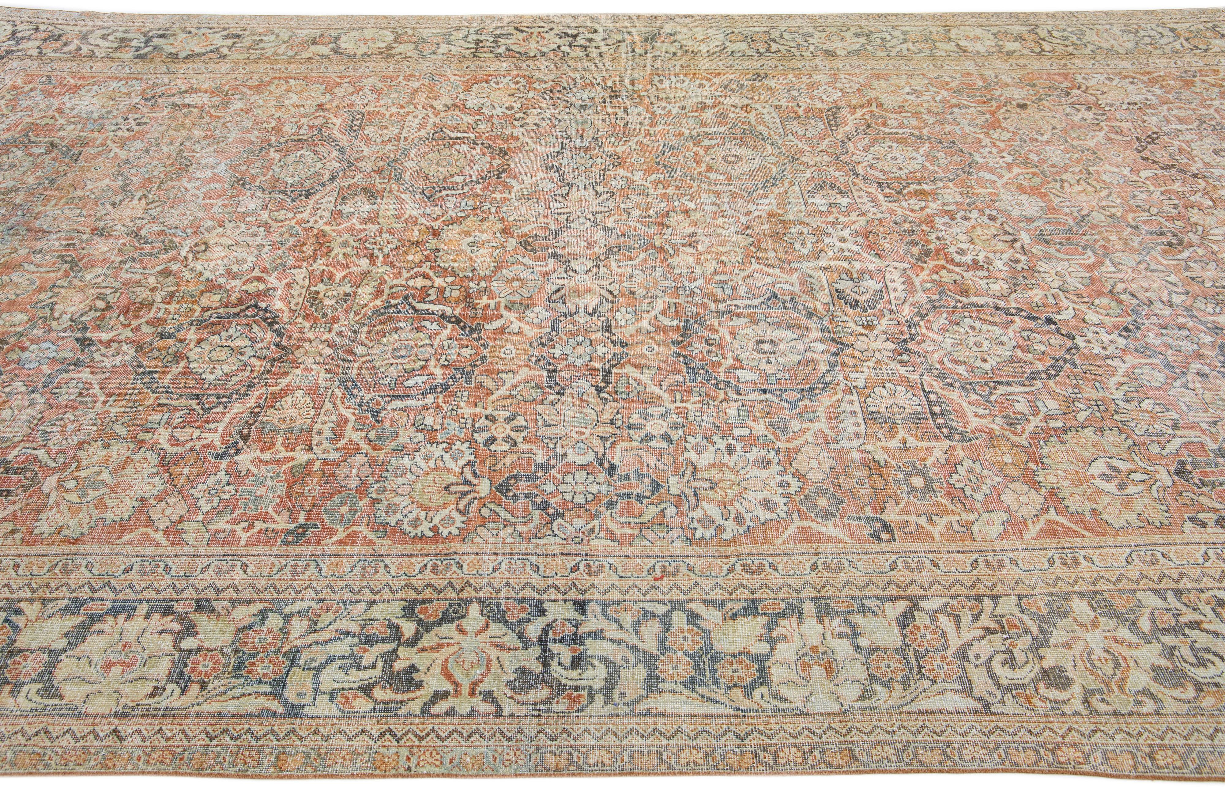 Hand-Knotted Oversize Antique Persian Mahal Wool Rug with Allover Orange/Rust Field For Sale