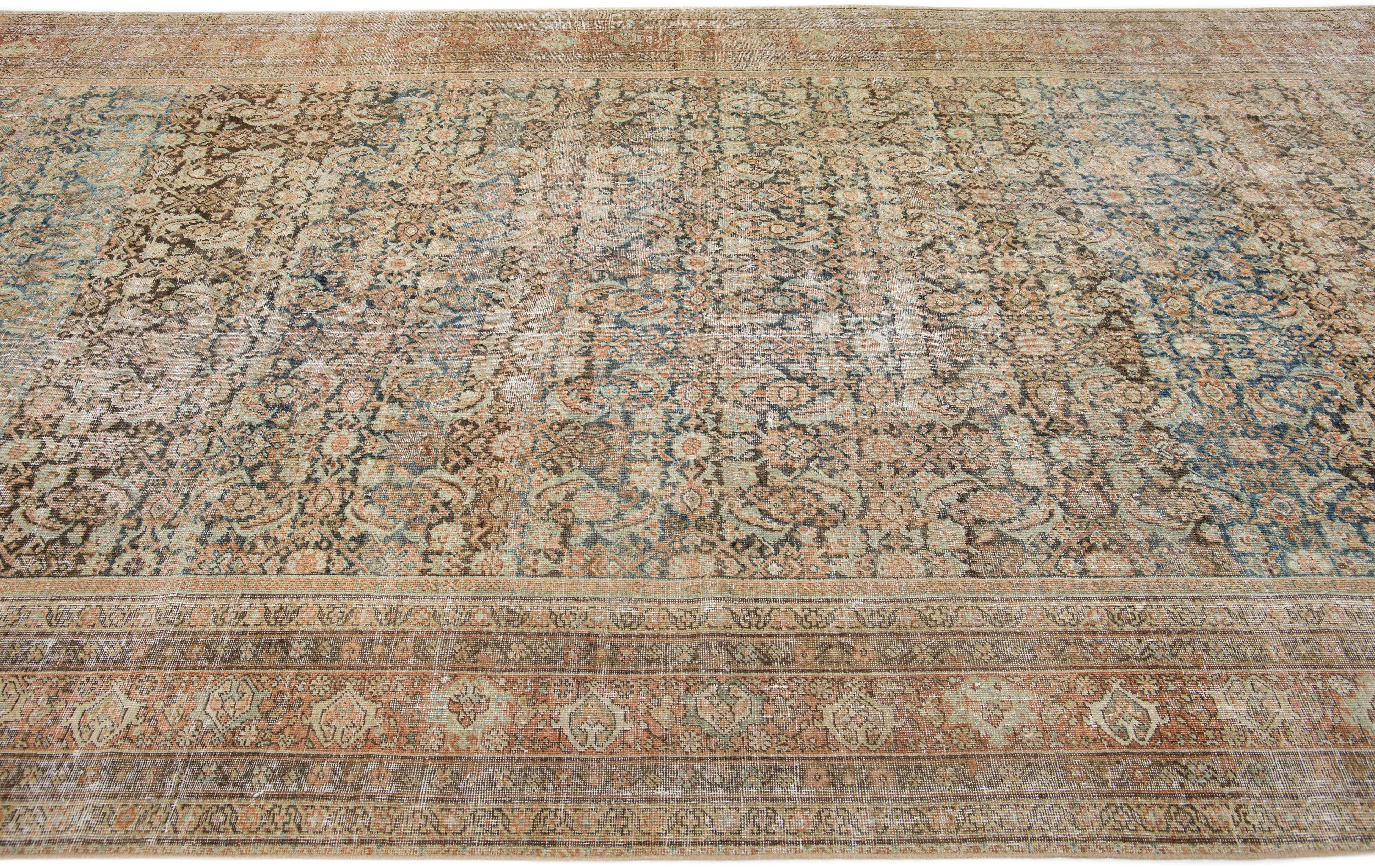 Oversize Antique Persian Malayer Blue Handmade Wool Rug with Allover Motif In Distressed Condition For Sale In Norwalk, CT