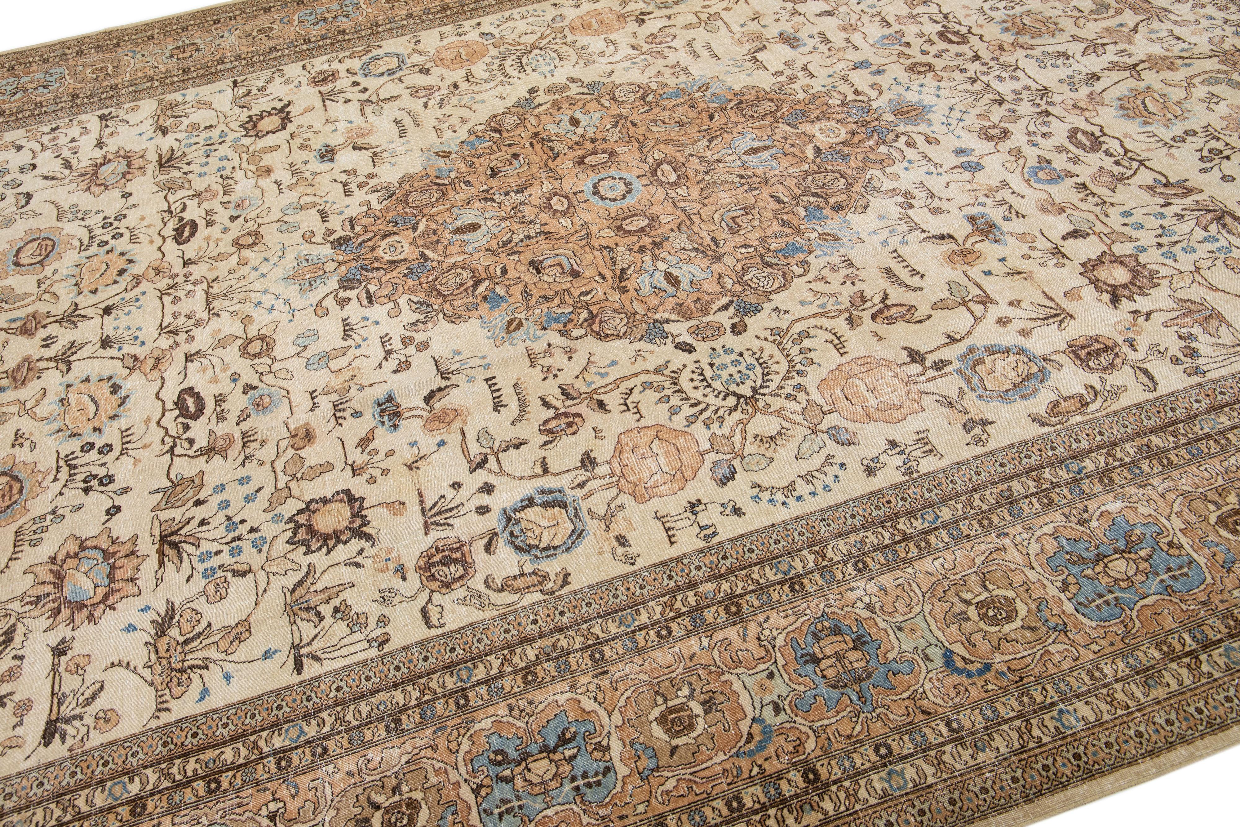Hand-Knotted Oversize Antique Persian Tabriz Handmade Medallion Wool Rug in Beige For Sale