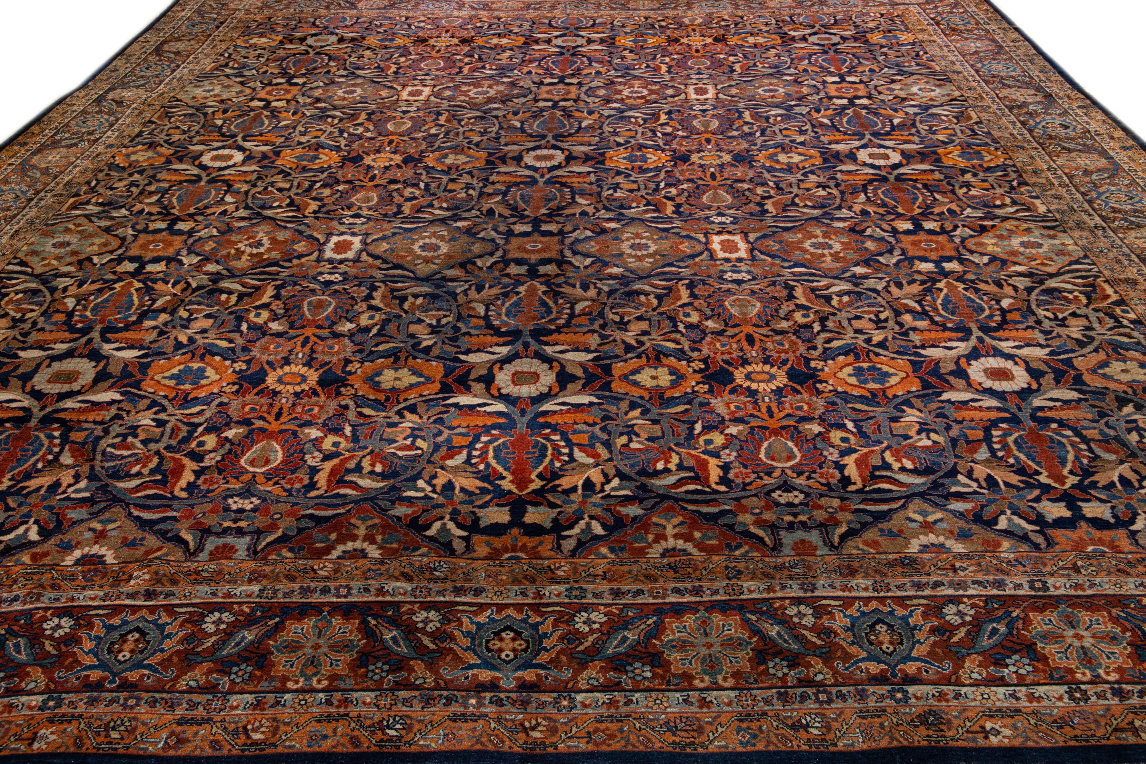 Islamic Oversize Antique Sultanabad Multicolor Handmade Allover Floral Persian Wool Rug  For Sale