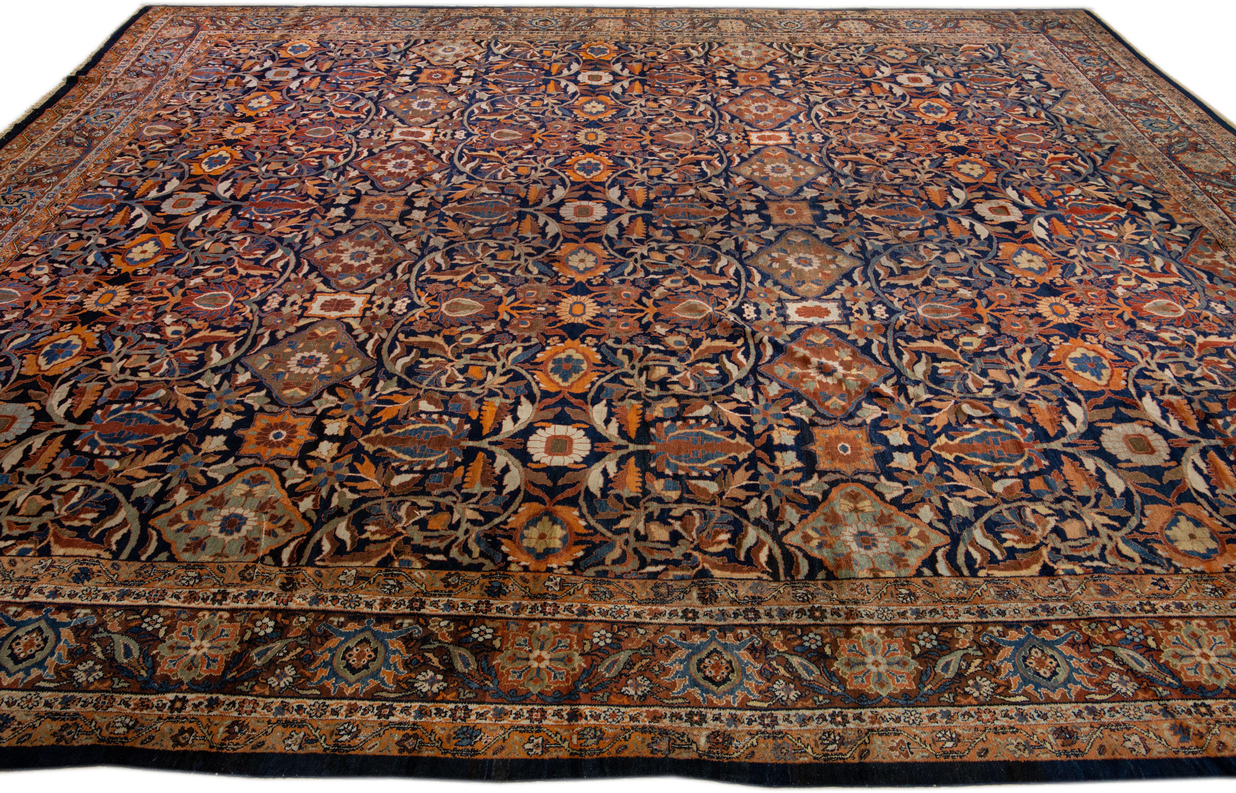 20th Century Oversize Antique Sultanabad Multicolor Handmade Allover Floral Persian Wool Rug  For Sale