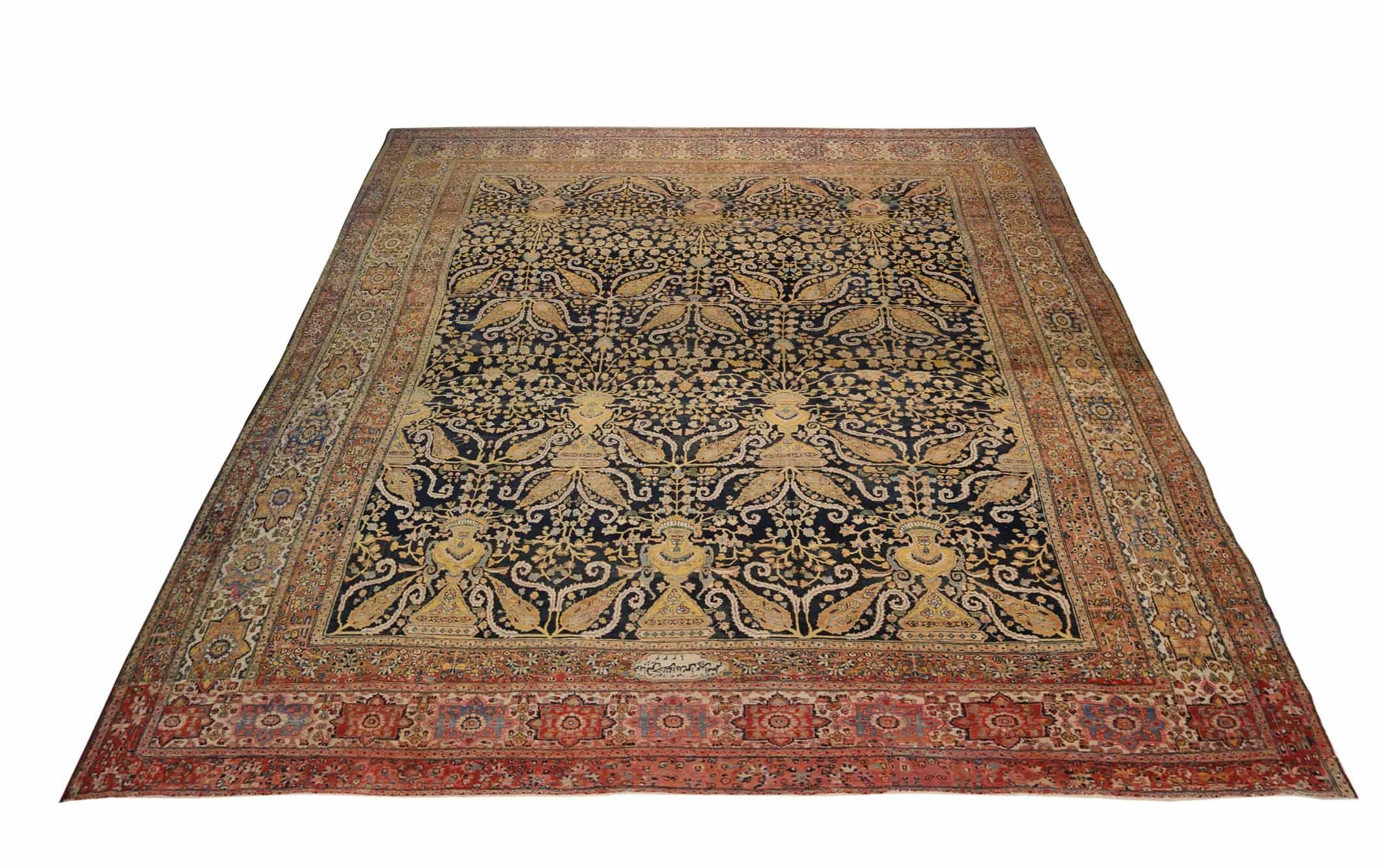 Antique area rug handwoven from the finest sheep’s wool. It’s colored with all-natural vegetable dyes that are safe for humans and pets. It’s a traditional Tabriz design handwoven by expert artisans. It’s a lovely area rug that can be incorporated