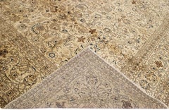 Oversize Antique Tabriz  Beige & Brown Handmade Floral Persian Wool Rug