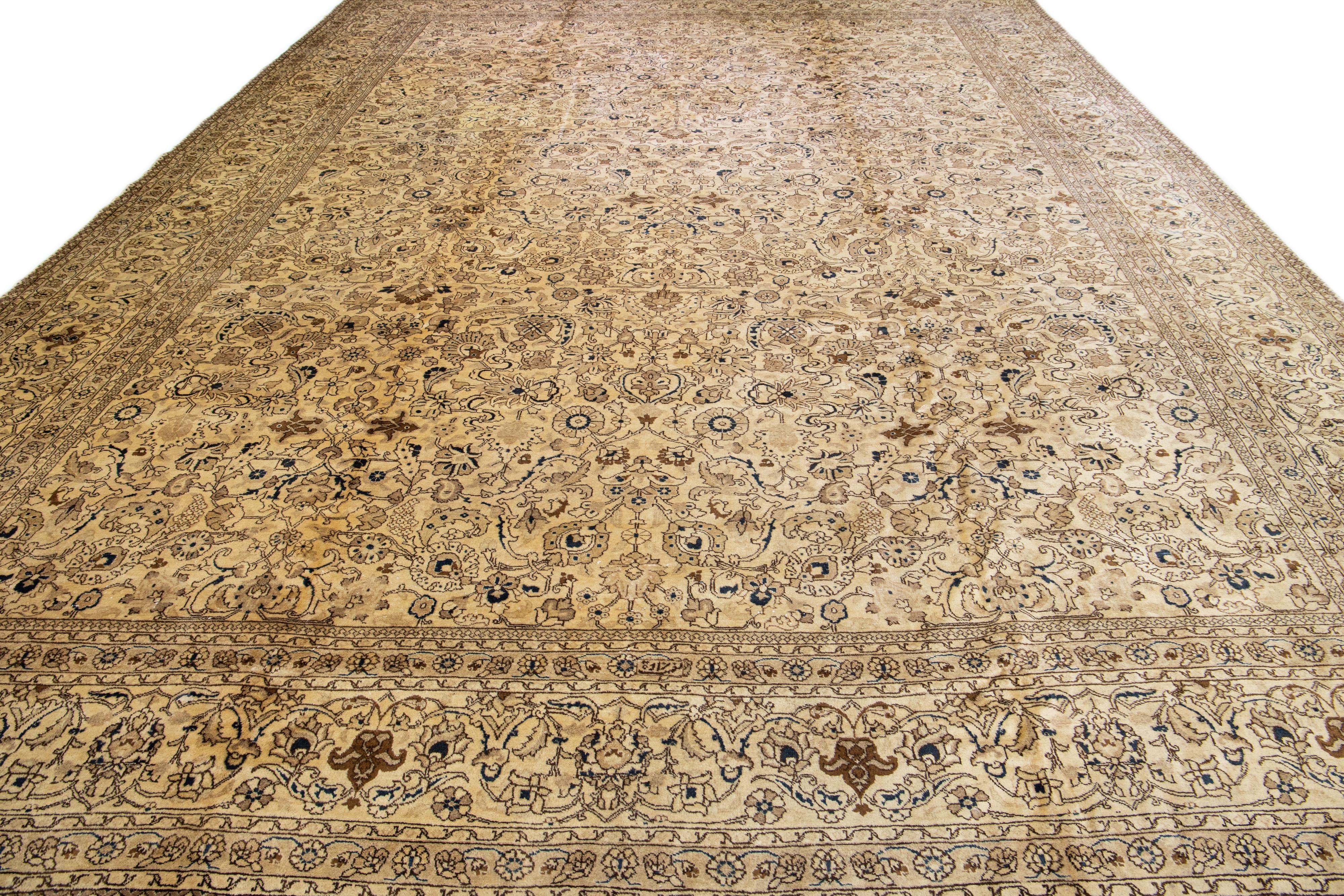 Hand-Knotted Oversize Antique Tabriz  Beige & Brown Handmade Floral Persian Wool Rug For Sale