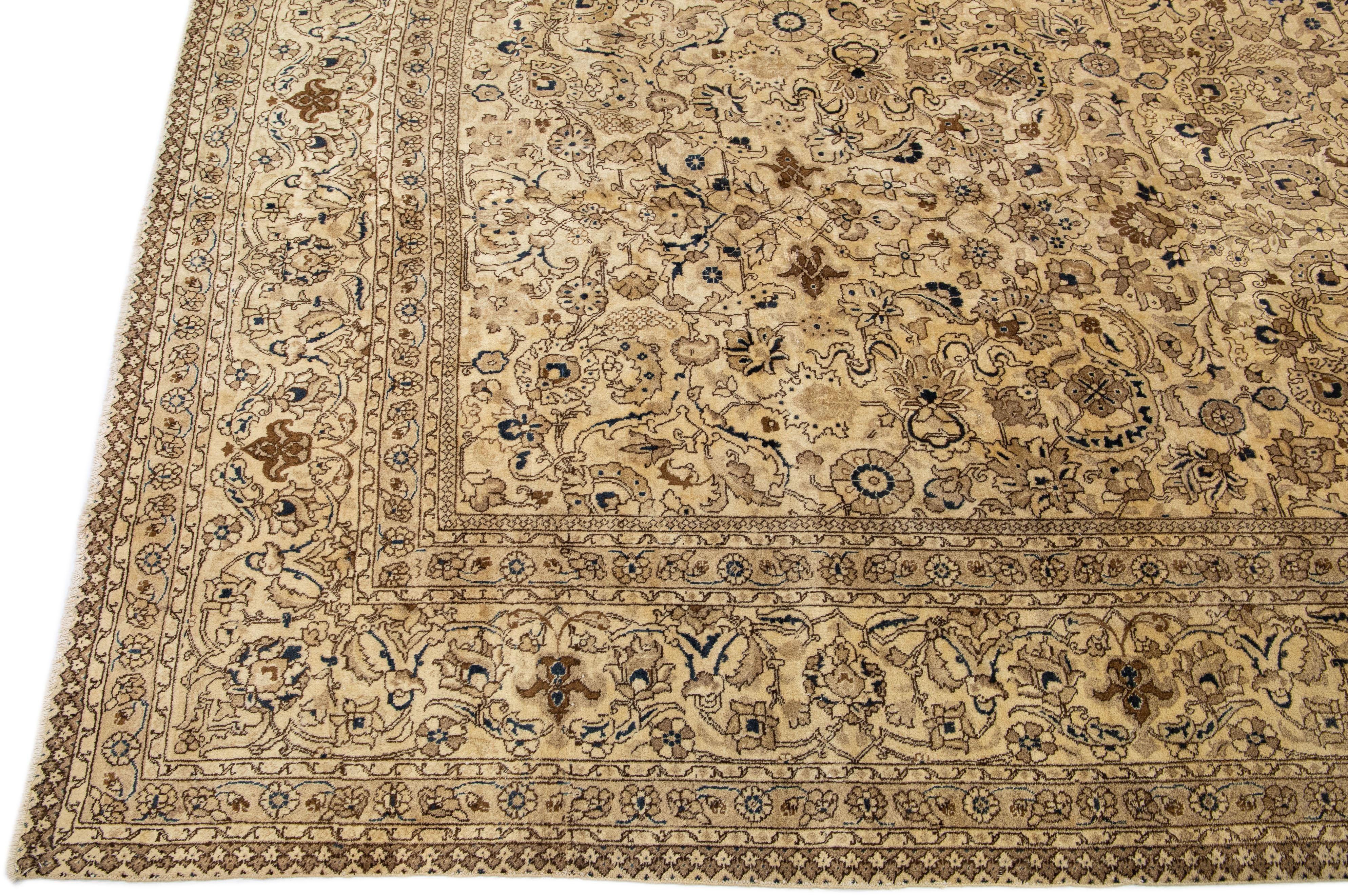 Oversize Antique Tabriz  Beige & Brown Handmade Floral Persian Wool Rug In Excellent Condition For Sale In Norwalk, CT
