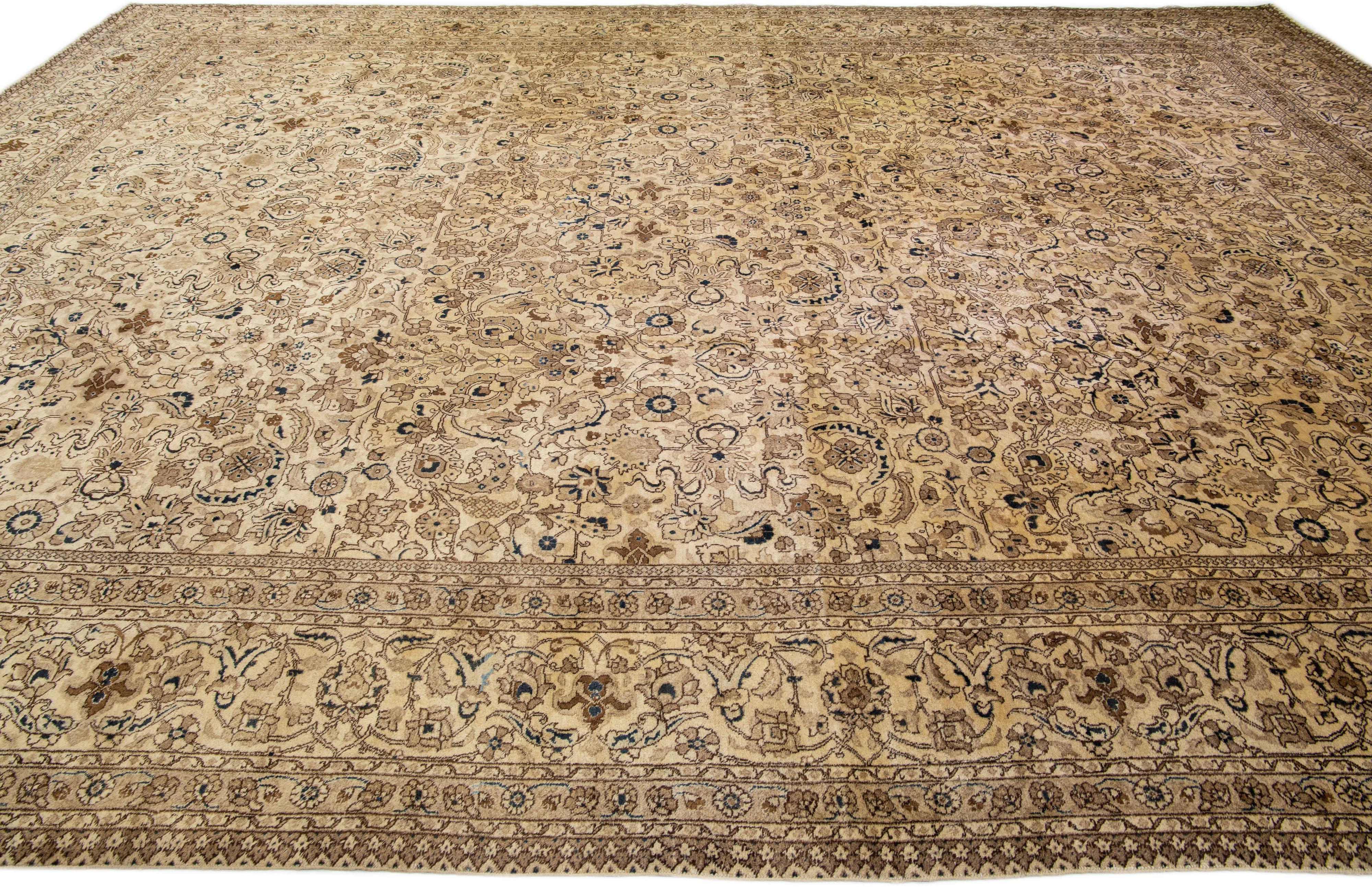 Oversize Antique Tabriz  Beige & Brown Handmade Floral Persian Wool Rug For Sale 1
