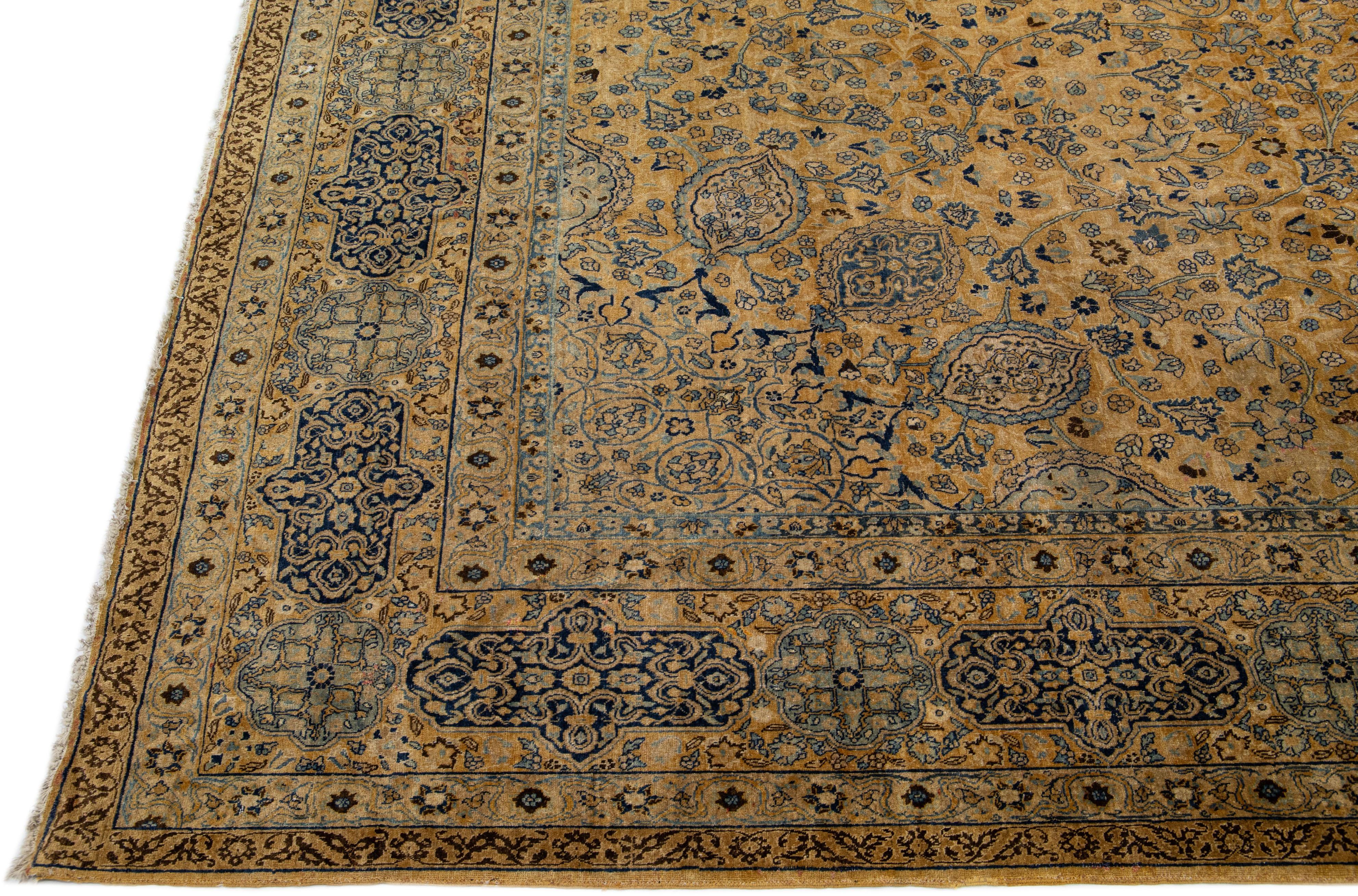 Oversize Antique Tabriz Tan Handmade Rosette Motif Persian Wool Rug In Excellent Condition For Sale In Norwalk, CT