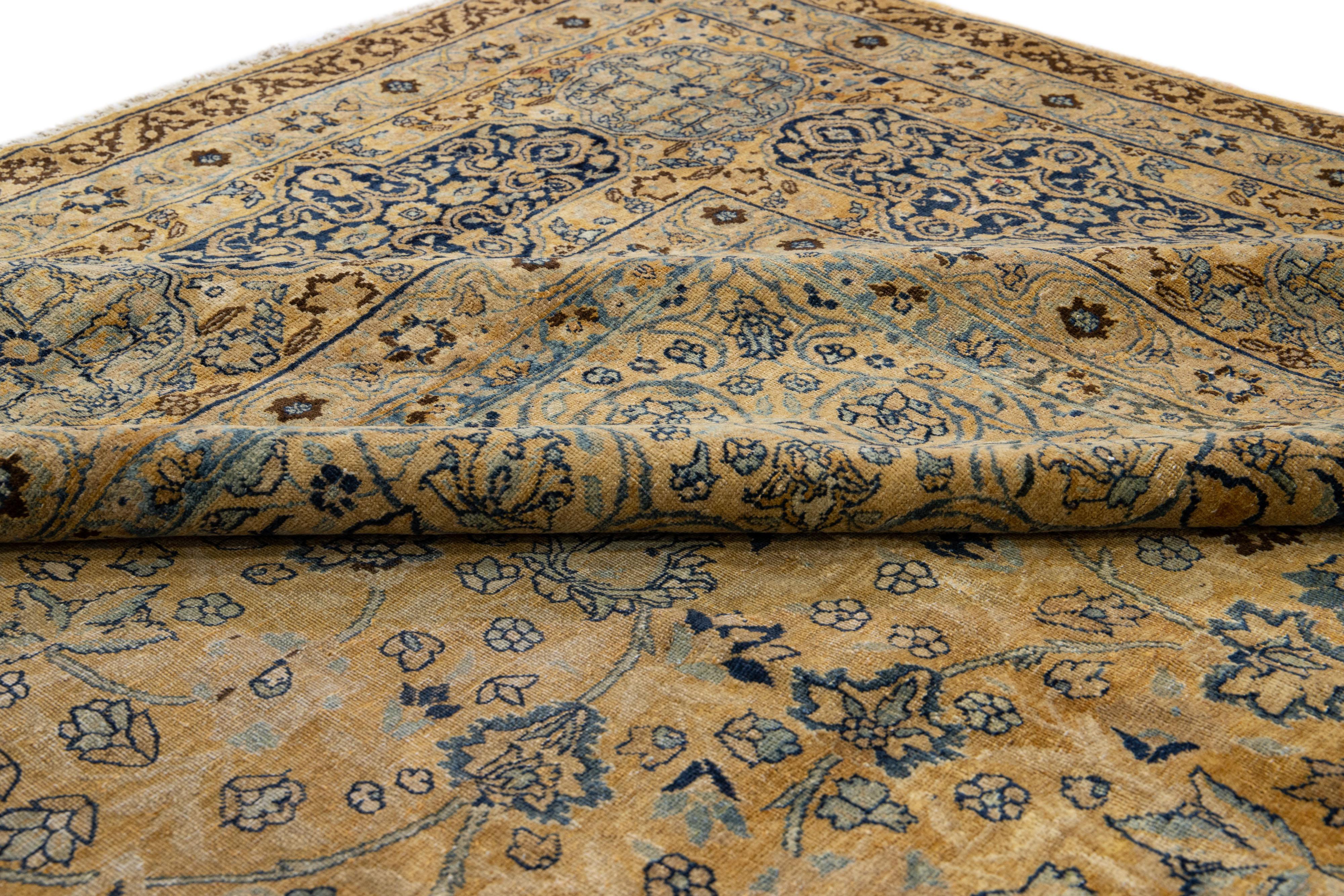 Oversize Antique Tabriz Tan Handmade Rosette Motif Persian Wool Rug For Sale 1