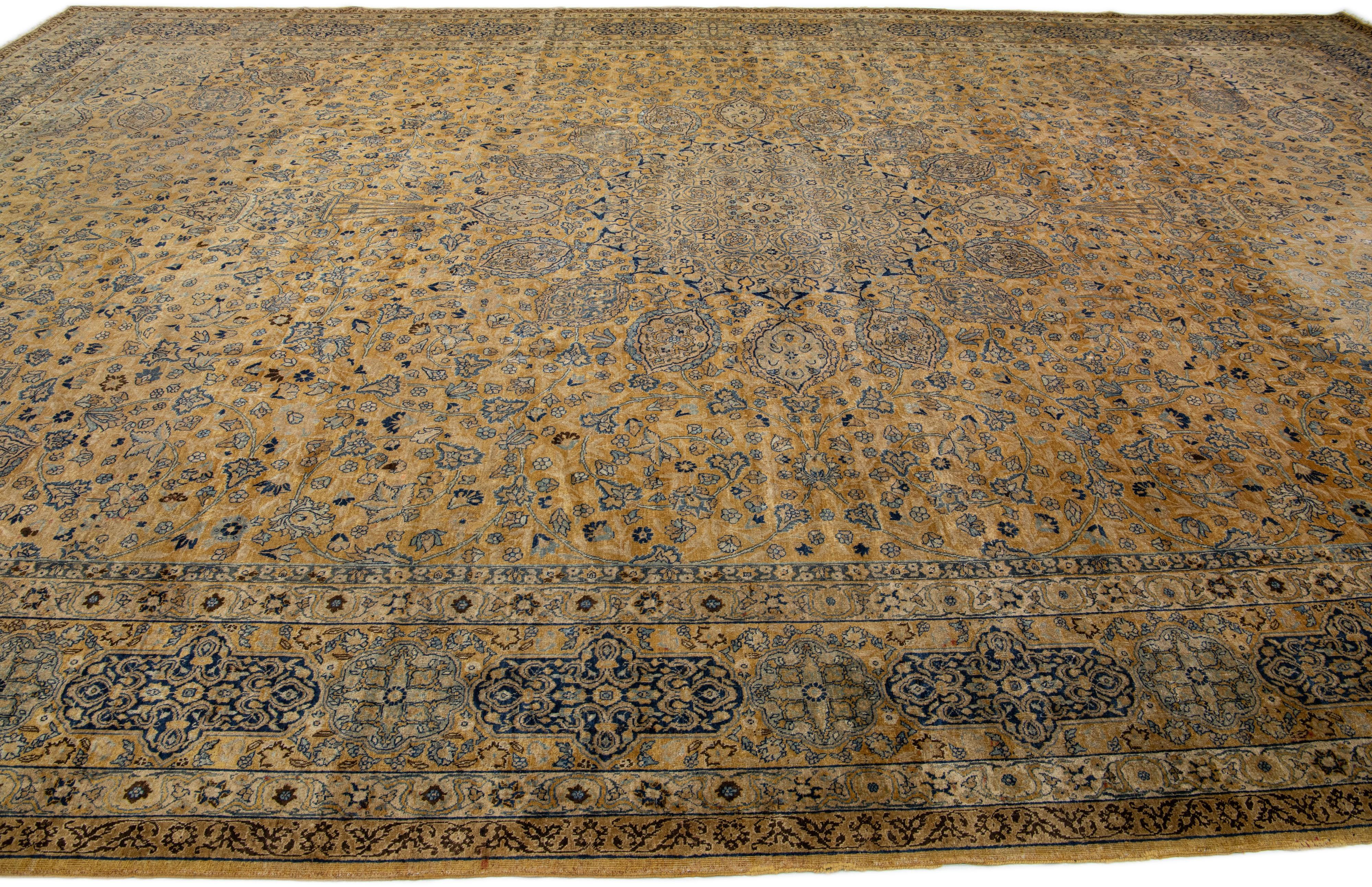 Oversize Antique Tabriz Tan Handmade Rosette Motif Persian Wool Rug For Sale 2