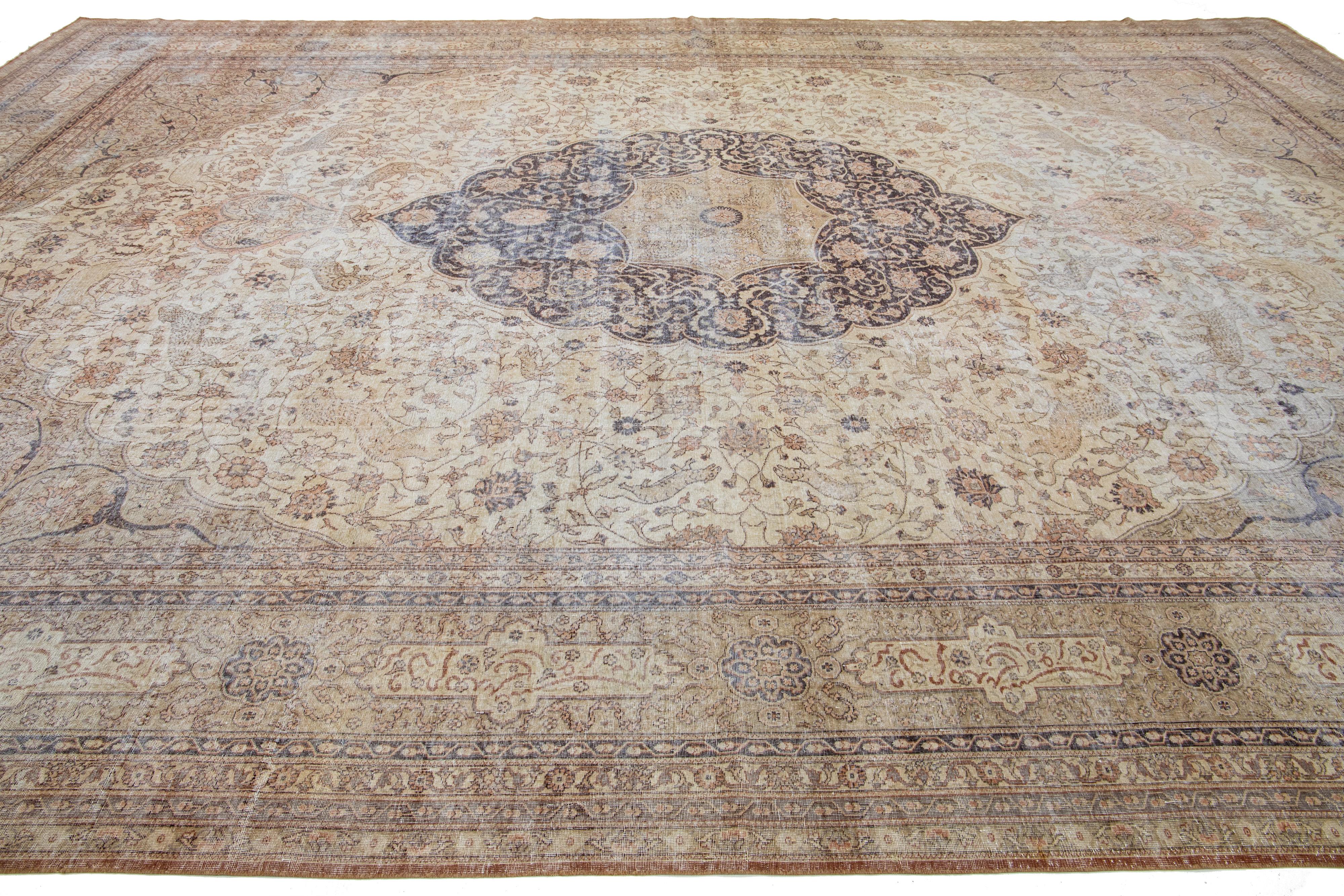 Hand-Knotted Oversize Antique Turkish Sivas Wool Rug Handmade Medallion In Beige Color For Sale