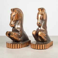 Oversize Art Deco Bronze and Copper-Plated Trojan Horse Bookends, circa 1930