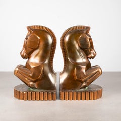 Oversize Art Deco Bronze Plated Trojan Horse Bookends, c.1930