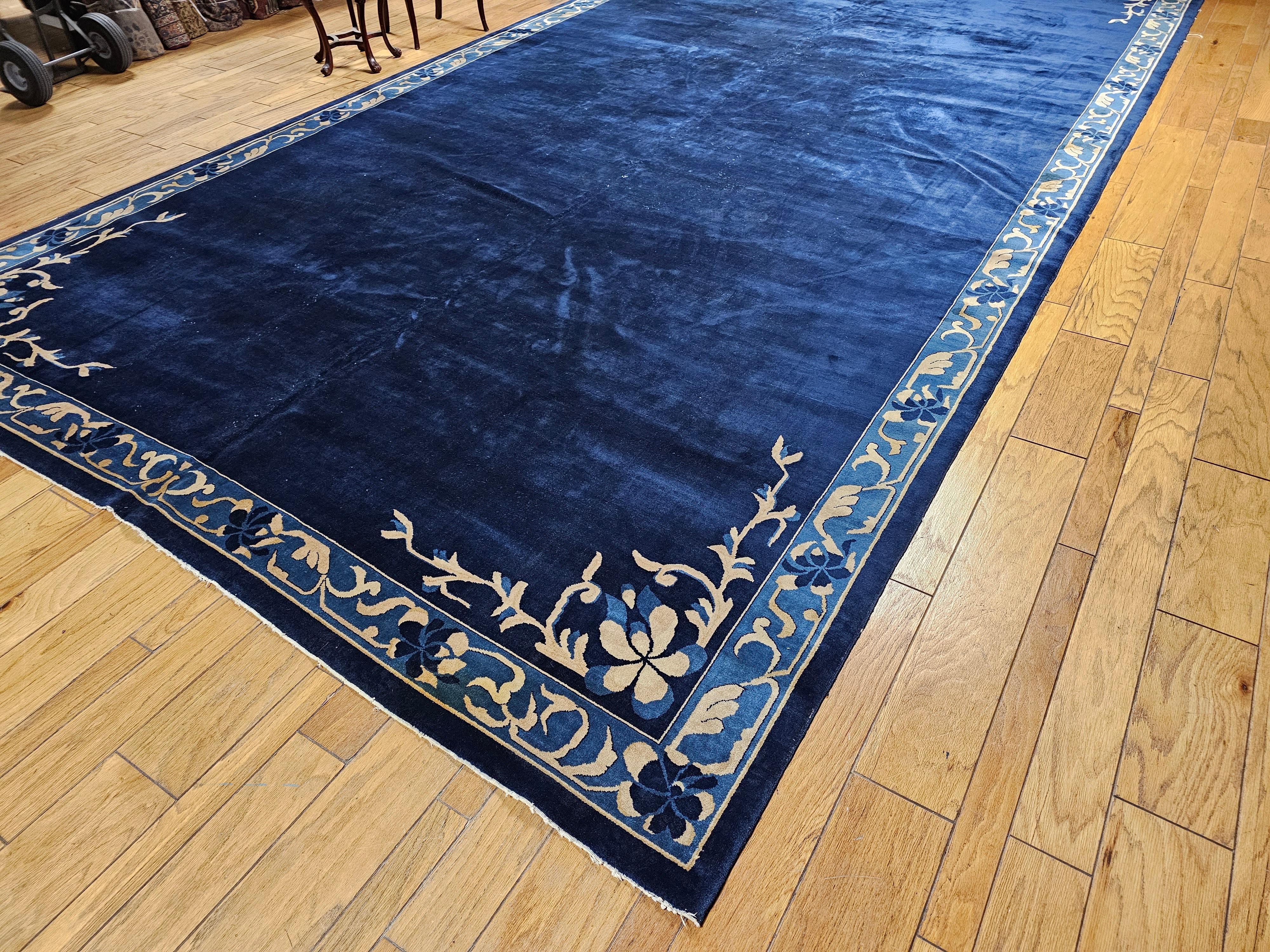Oversize Art Deco Chinese Rug in Open Field Design in Navy, Gold, Baby Blue For Sale 4