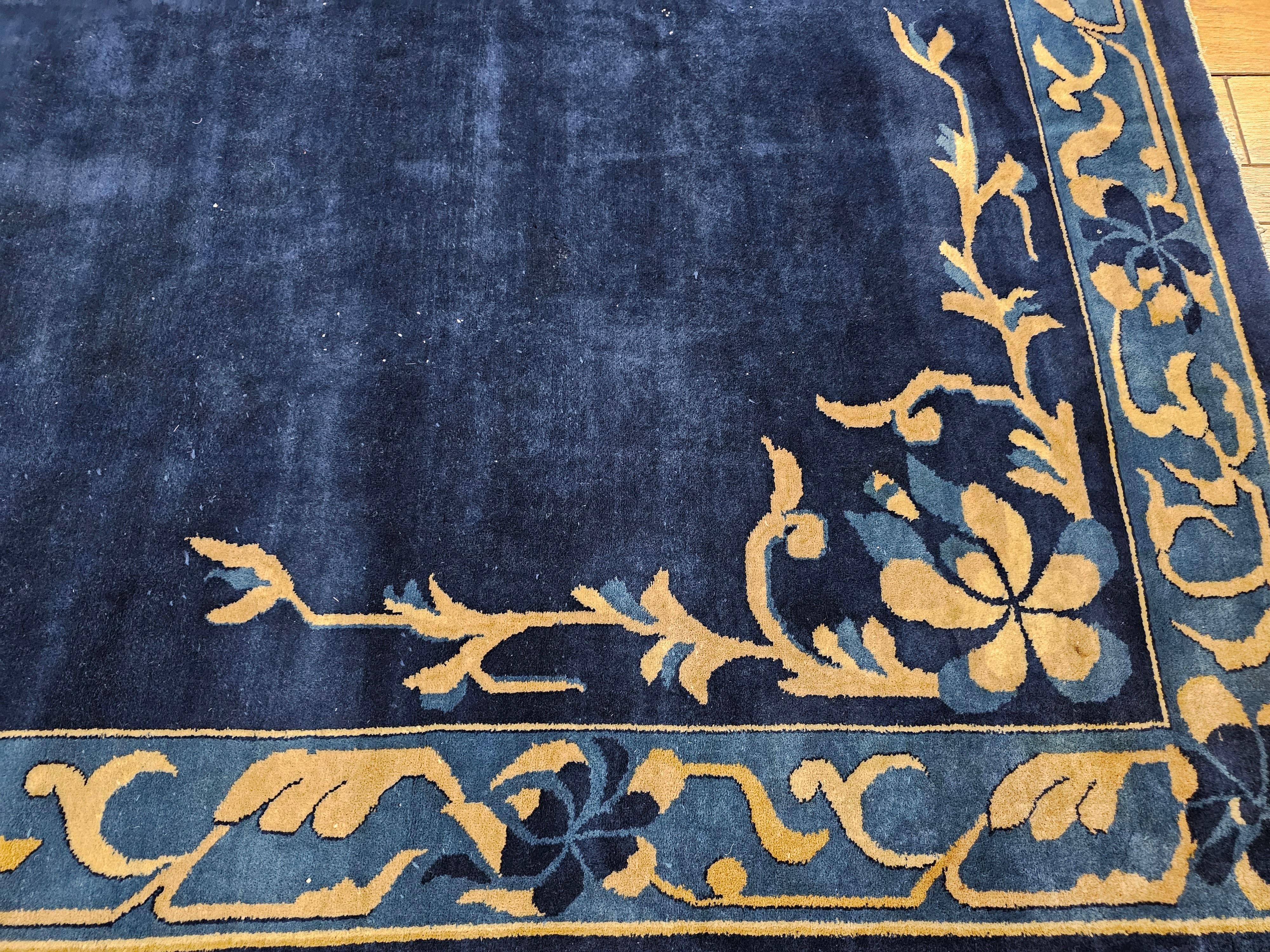 Oversize Art Deco Chinese Rug in Open Field Design in Navy, Gold, Baby Blue For Sale 5