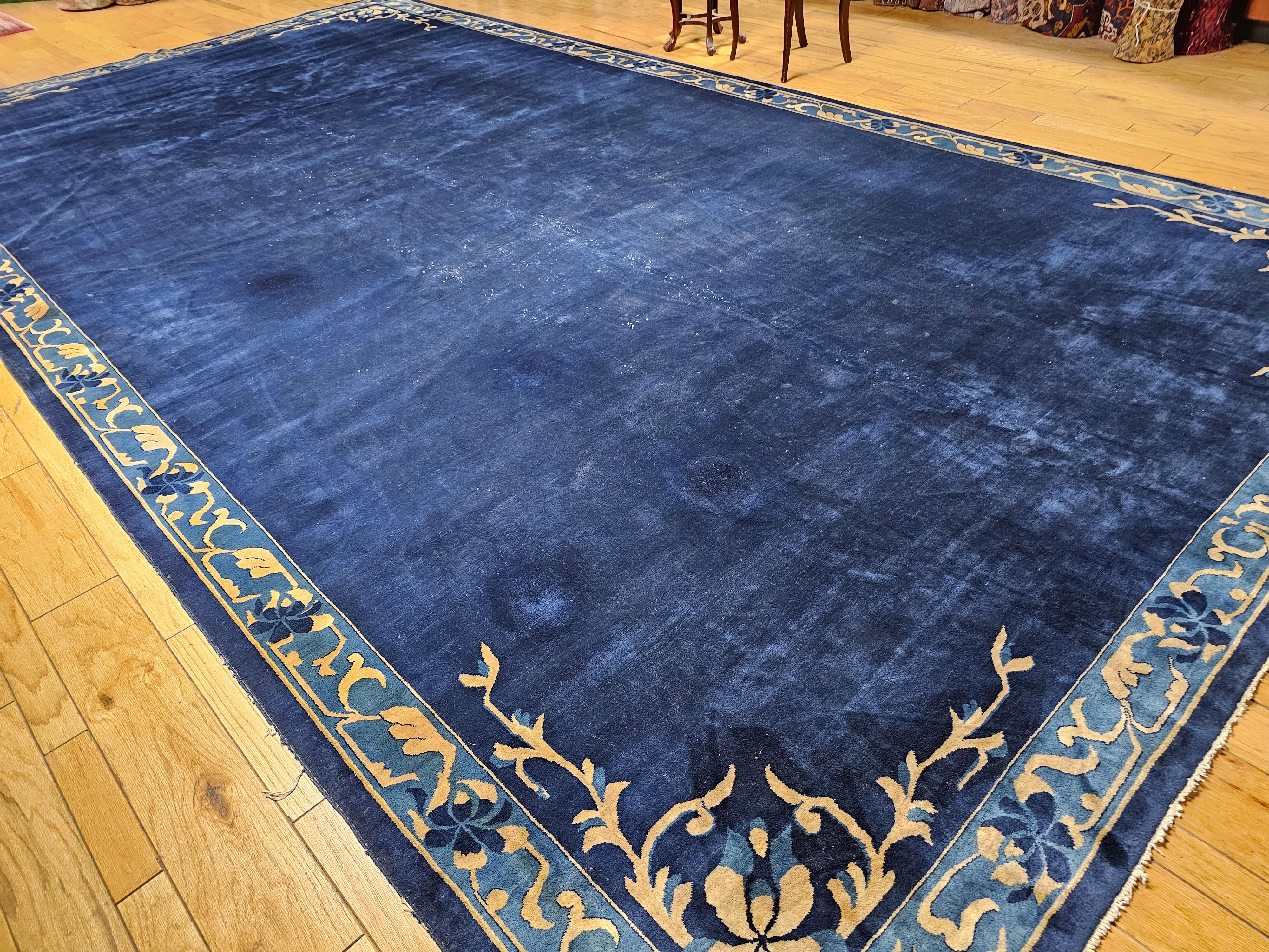 20th Century Oversize Art Deco Chinese Rug in Open Field Design in Navy, Gold, Baby Blue For Sale