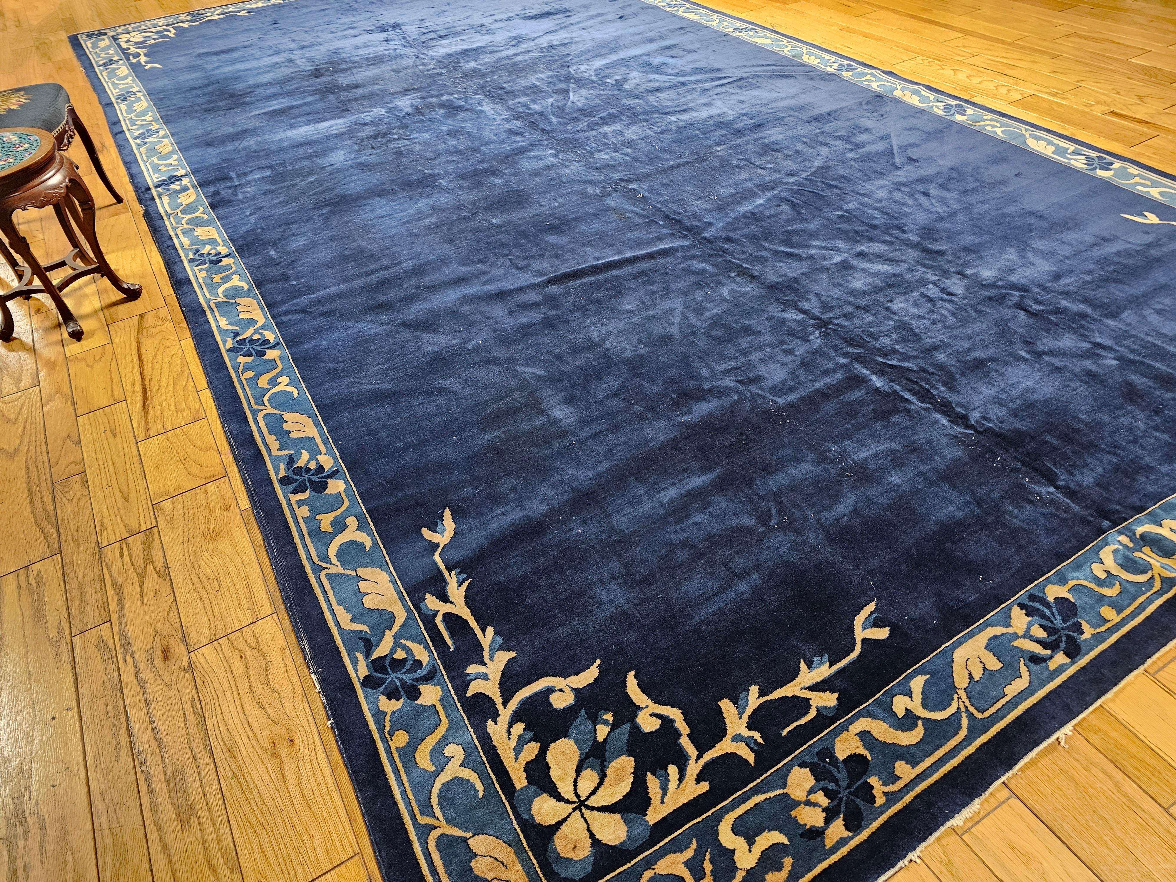 Oversize Art Deco Chinese Rug in Open Field Design in Navy, Gold, Baby Blue For Sale 2