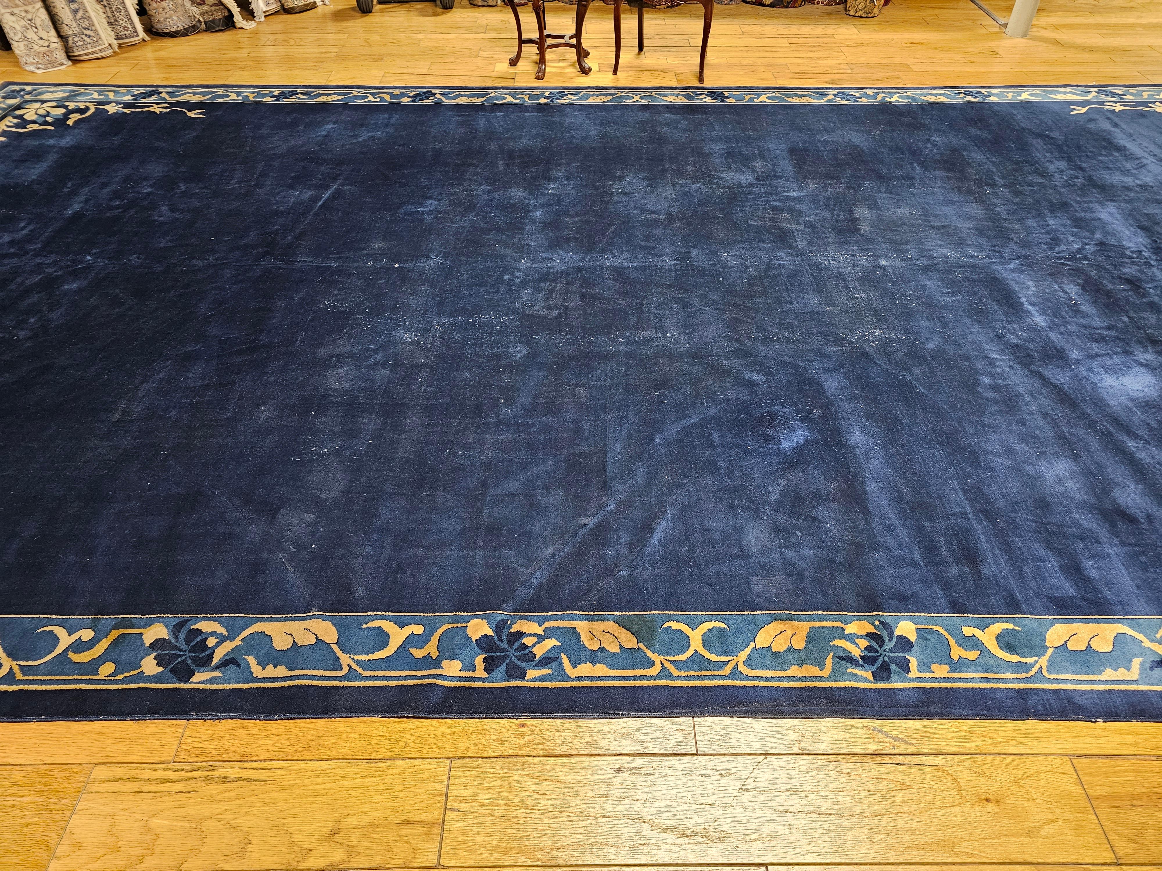 Oversize Art Deco Chinese Rug in Open Field Design in Navy, Gold, Baby Blue For Sale 3