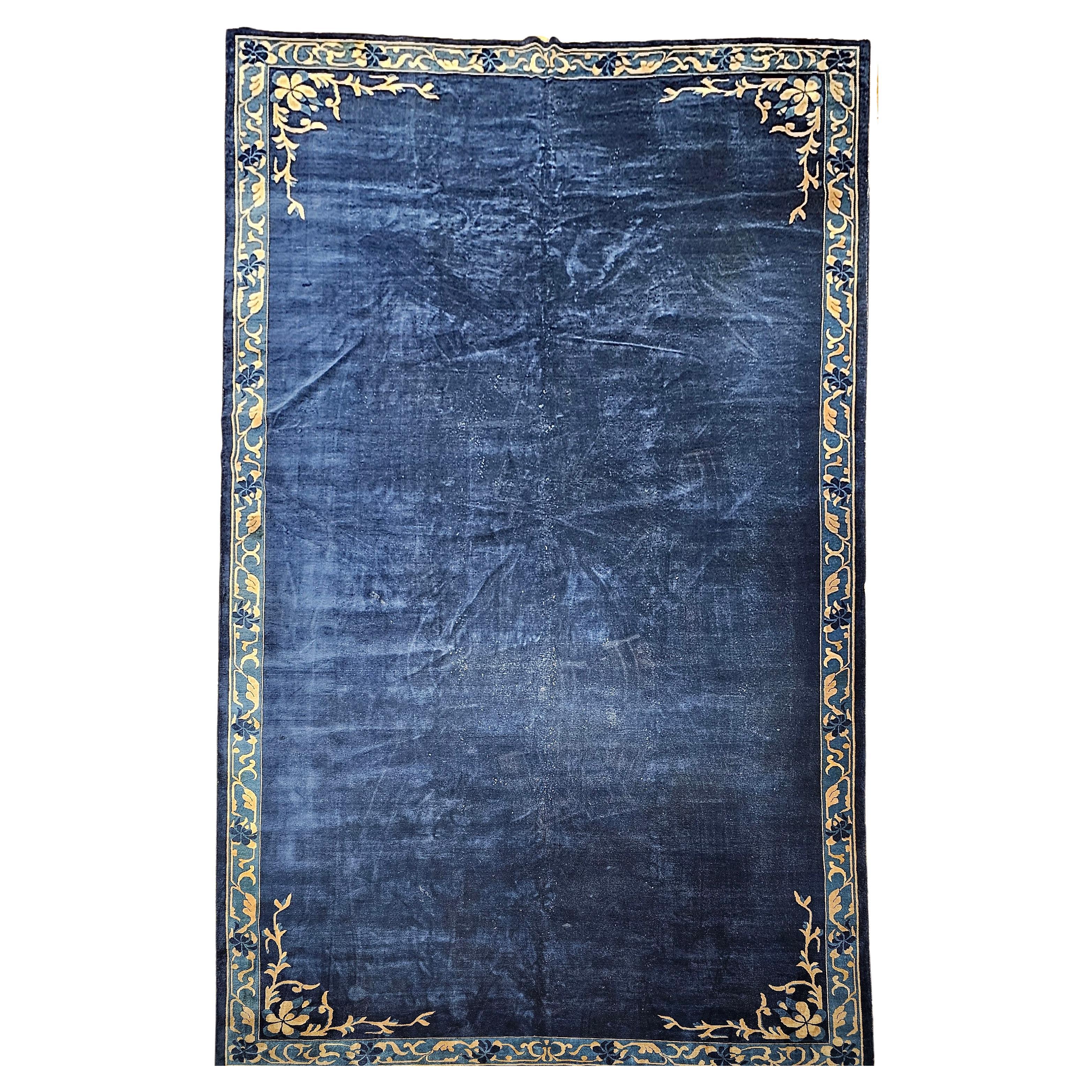 Oversize Art Deco Chinese Rug in Open Field Design in Navy, Gold, Baby Blue