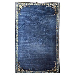 Antique Oversize Art Deco Chinese Rug in Open Field Design in Navy, Gold, Baby Blue