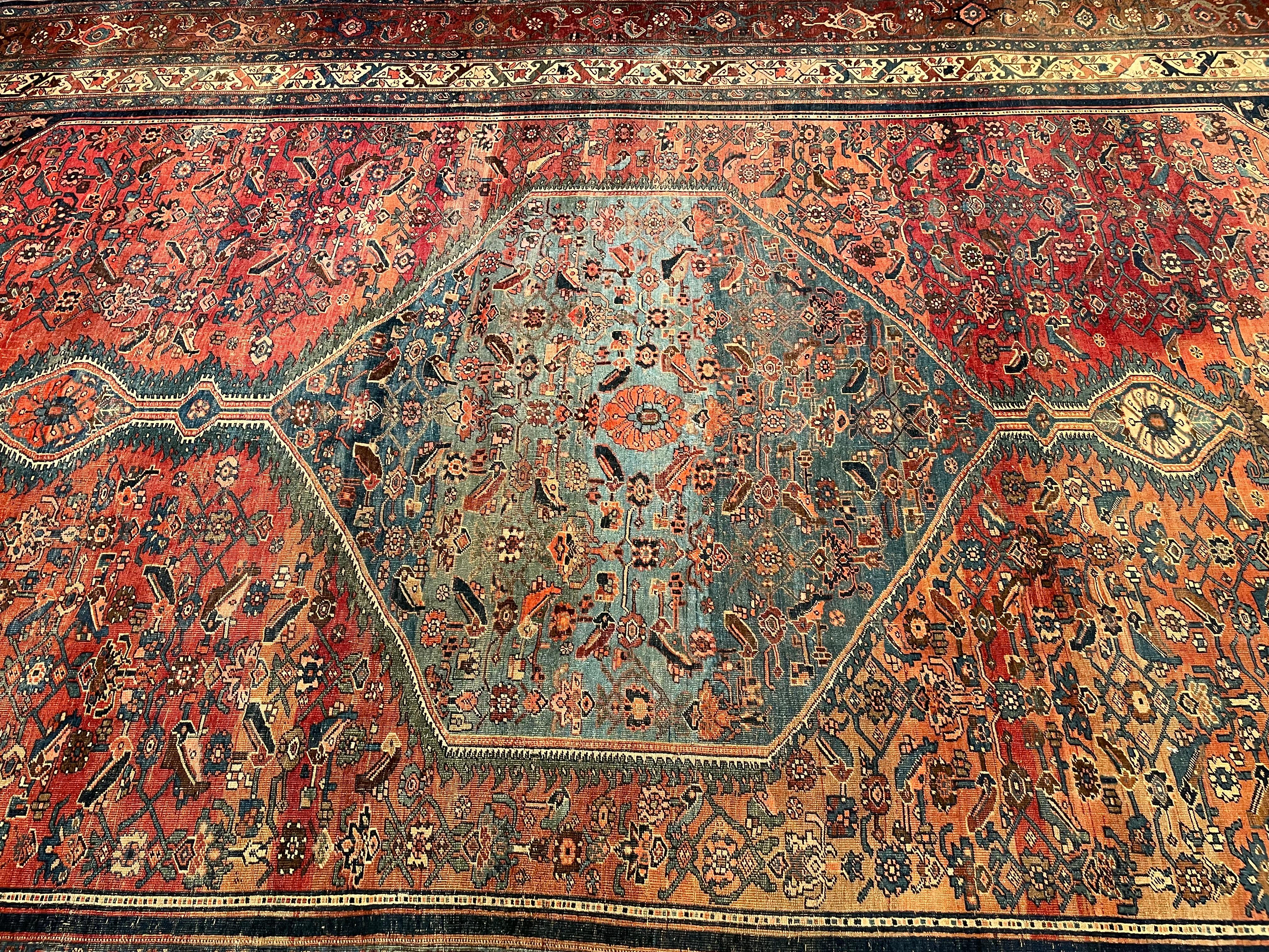 Hand-Knotted 19th Century Oversize Persian Bidjar in Geometric Herati Pattern in Blue, Red For Sale