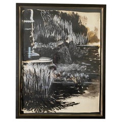 Peinture abstraite de paysage en noir et blanc, signée et encadrée