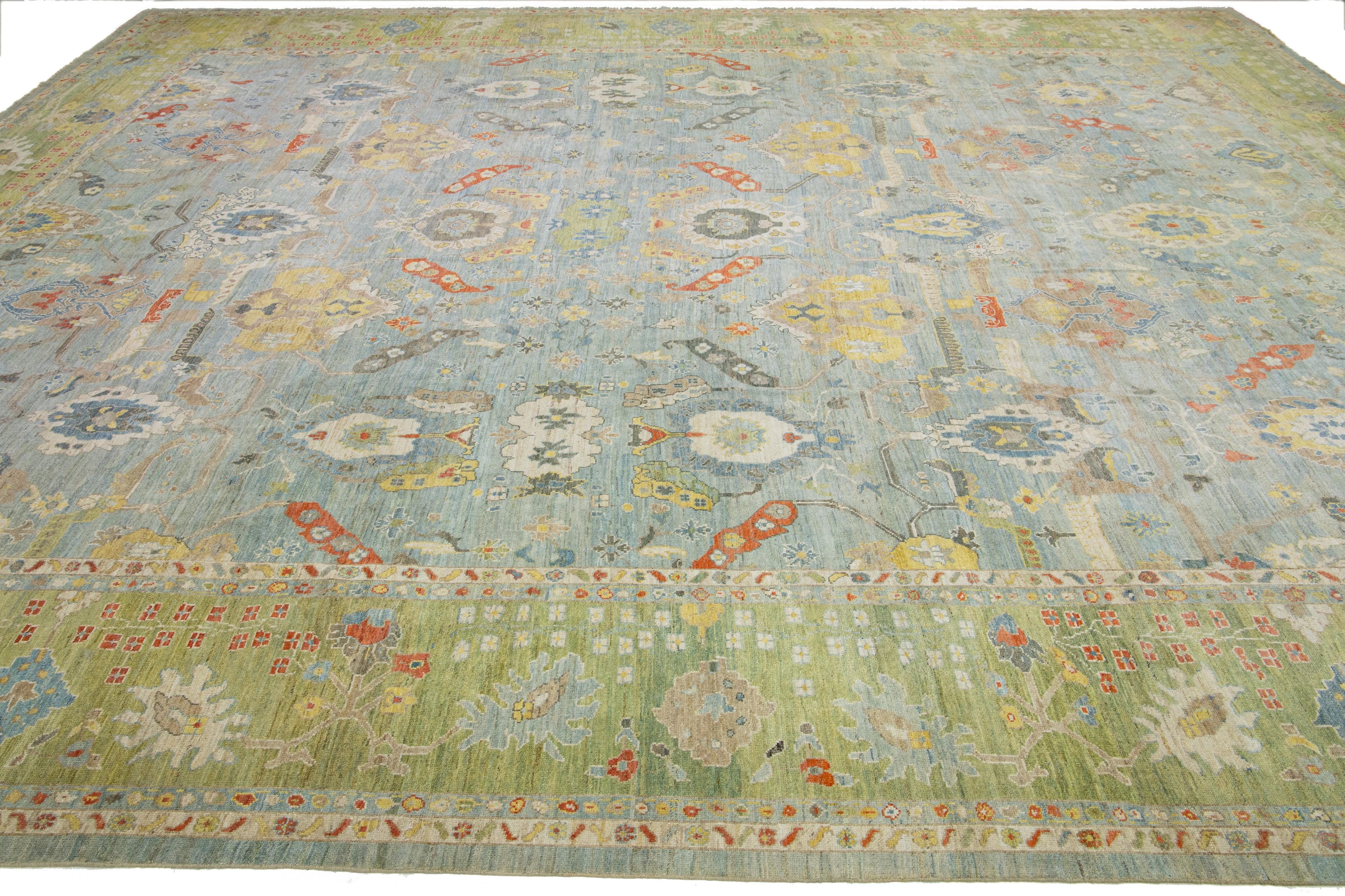 Hand-Knotted Oversize Blue & Green Sultanabad Wool Rug Handmade Modern with Allover Pattern For Sale