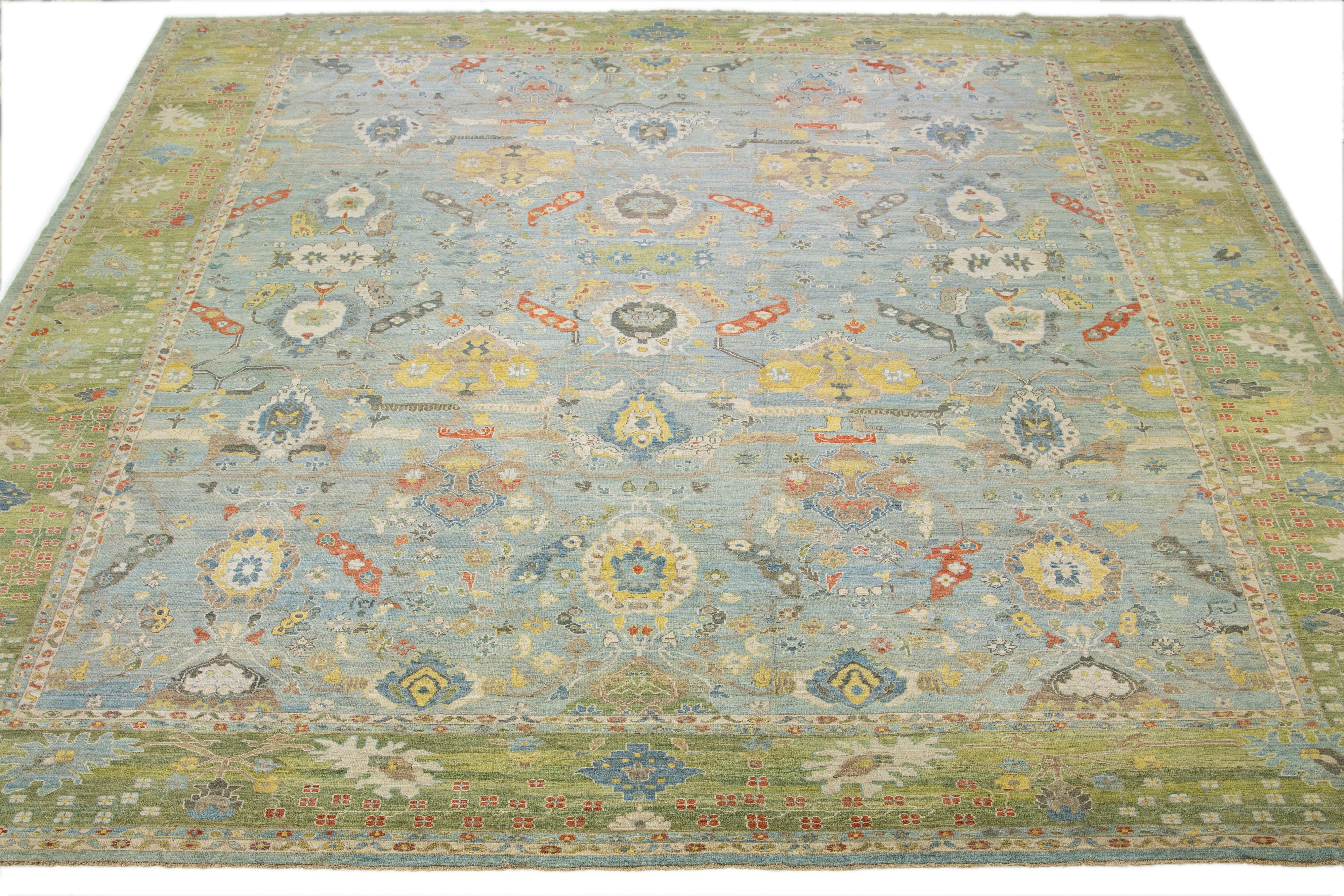 Oversize Blue & Green Sultanabad Wool Rug Handmade Modern with Allover Pattern In New Condition For Sale In Norwalk, CT